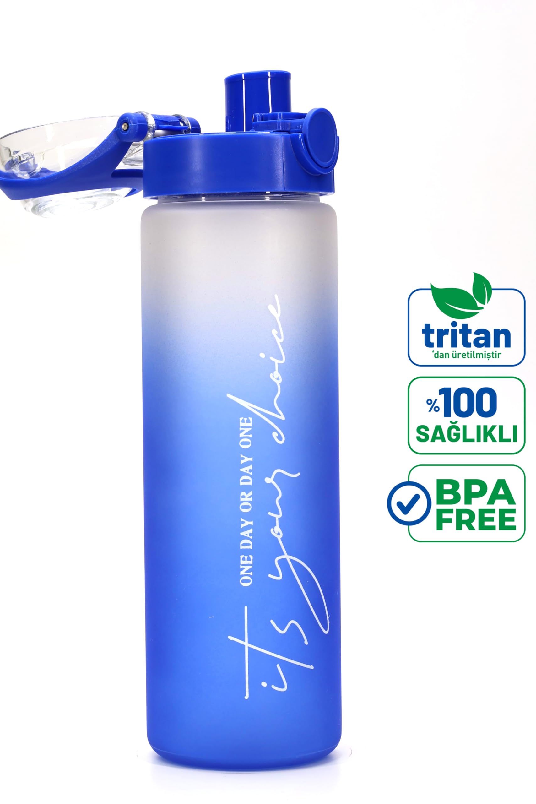 Su Matarası Tritan Geniş Ağız Su Şişesi Gradient Type Spor Matarası Suluğu BPAsız 630 mL Mavi 0111