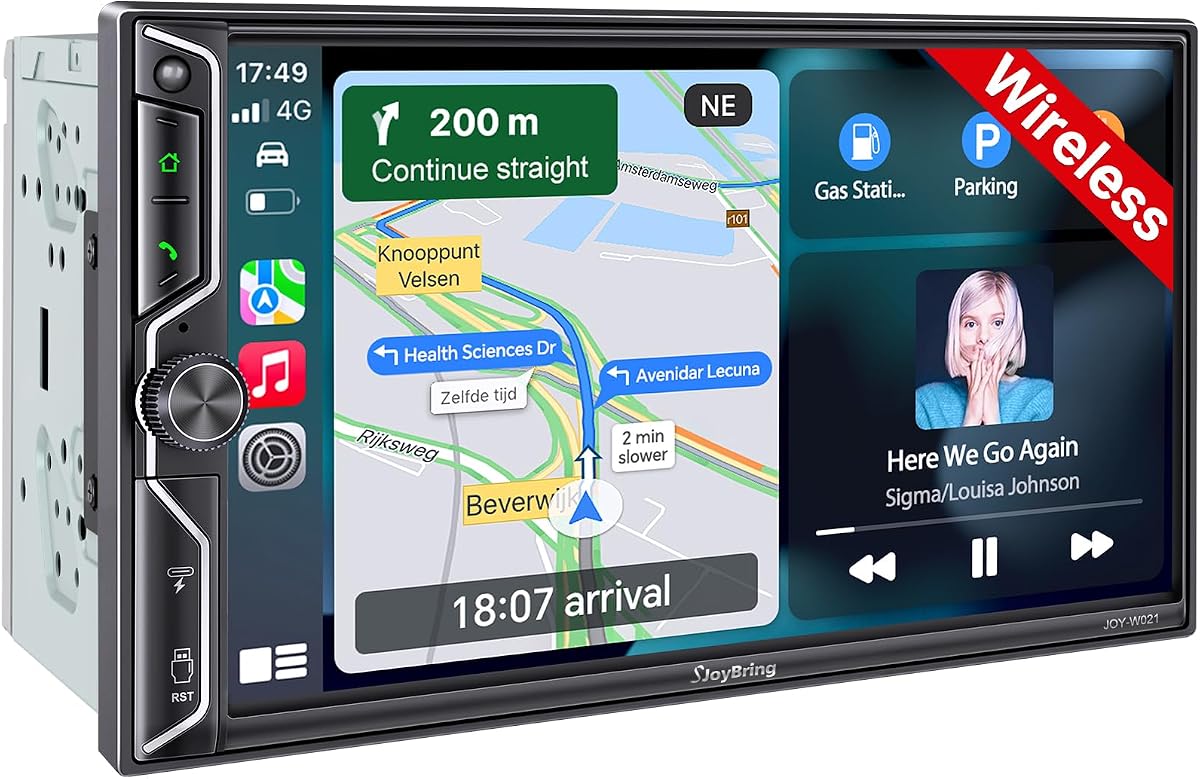 [Actualización de pantalla QLED] Estéreo para auto de doble DIN de 7" con Apple CarPlay inalámbrico y Android Auto, sonido potente de 240 W, salida de audio de 4.2 canales, Bluetooth, MirrorLink, cámara de respaldo, radio para auto AM/FM