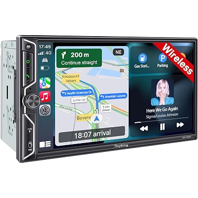 [QLED Screen Upgrade] 7" Double Din Car Stereo with Wireless Apple CarPlay and Android Auto, 240W Powerful Sound, 4.2-Channel Audio Output, Bluetooth, MirrorLink, Backup Camera, AM/FM Car Radio