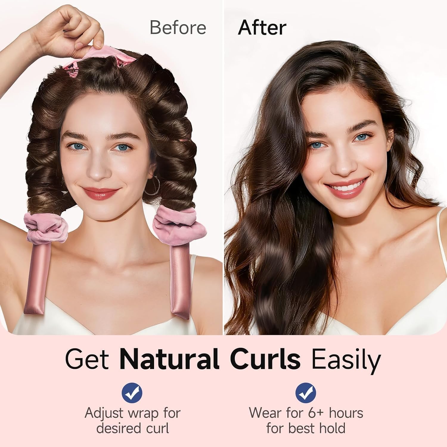 Umisleep 22 Momme Mulberry Silk Heatless Curls Overnight, Heatless Hair Curler to Sleep In, for Women Long Hair, Hair Care Roller Gift Set, Upgraded Soft with Clips & Scrunchies, Pink