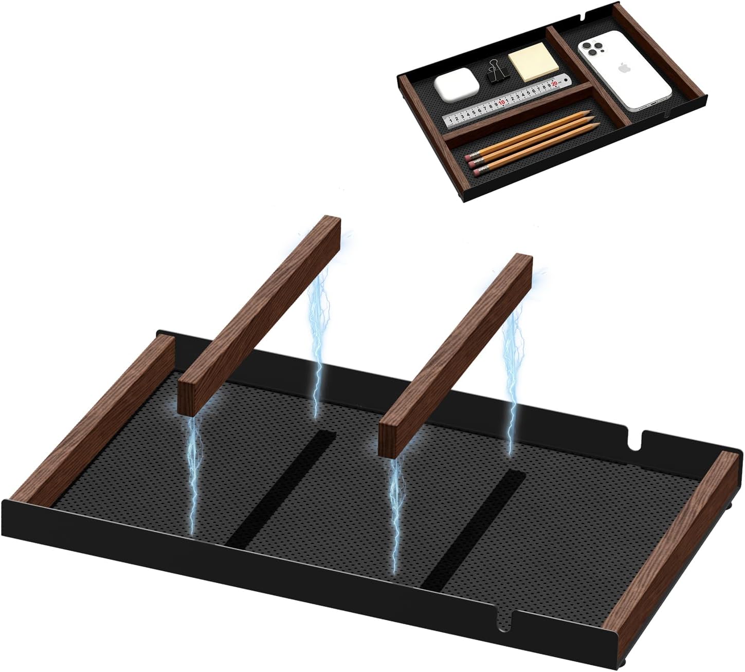 Desk Drawer Organizer Tray With Removable Magnetic Wooden Strip,Freely Adjustable Space,Made of Aluminum and Walnut,Valet Tray for Mens,Desk Accessories for Office/Home/Nightstand
