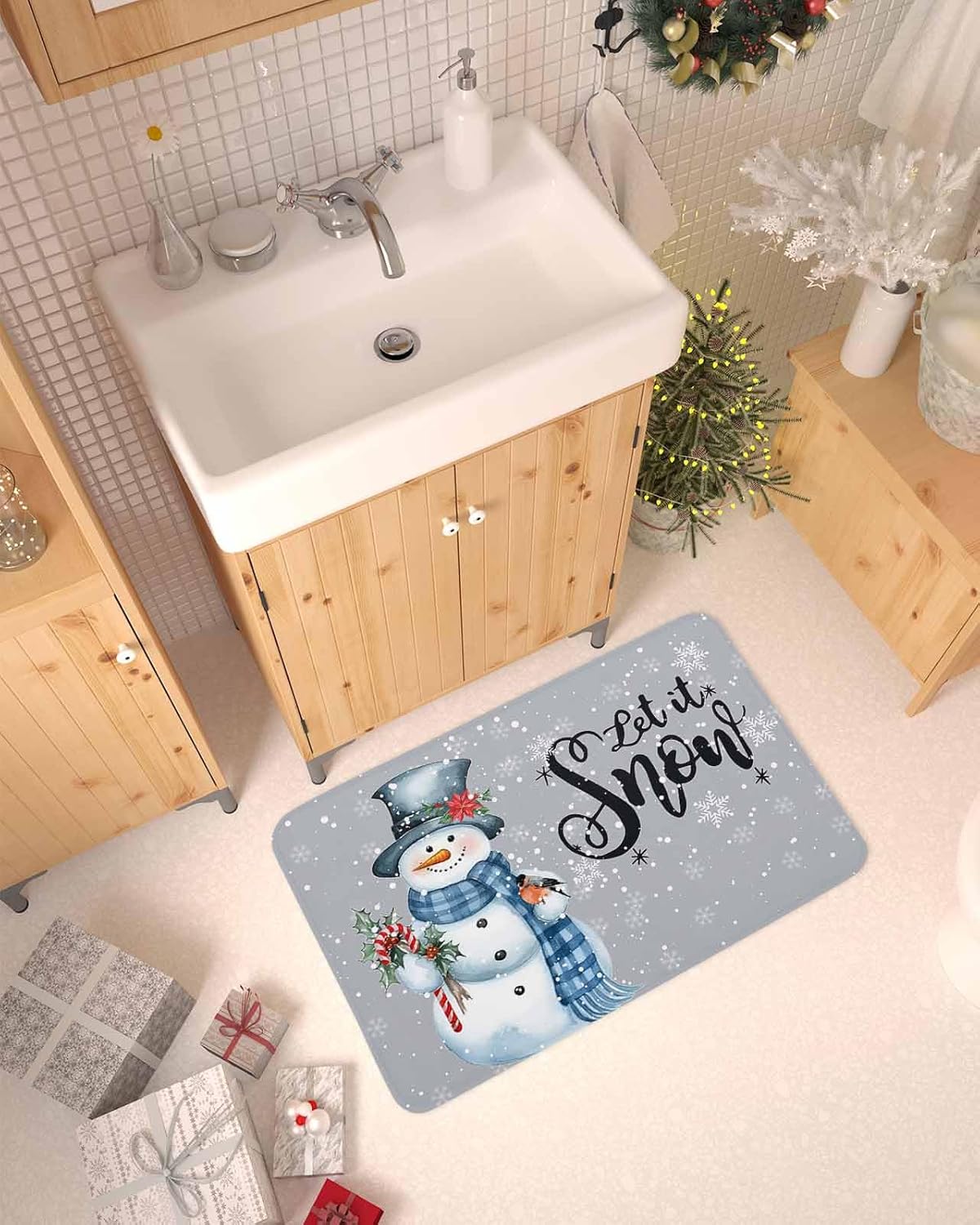 Christmas Snowman Doormat Rugs Outdoor/Indoor Let It Snow Winter Holidays Non-Slip Entrance Welcome Matt for Front Door/Bathroom/Kitchen/Bedroom/Patio/Entryway Mats,18"x30", Grey White Snowflakes