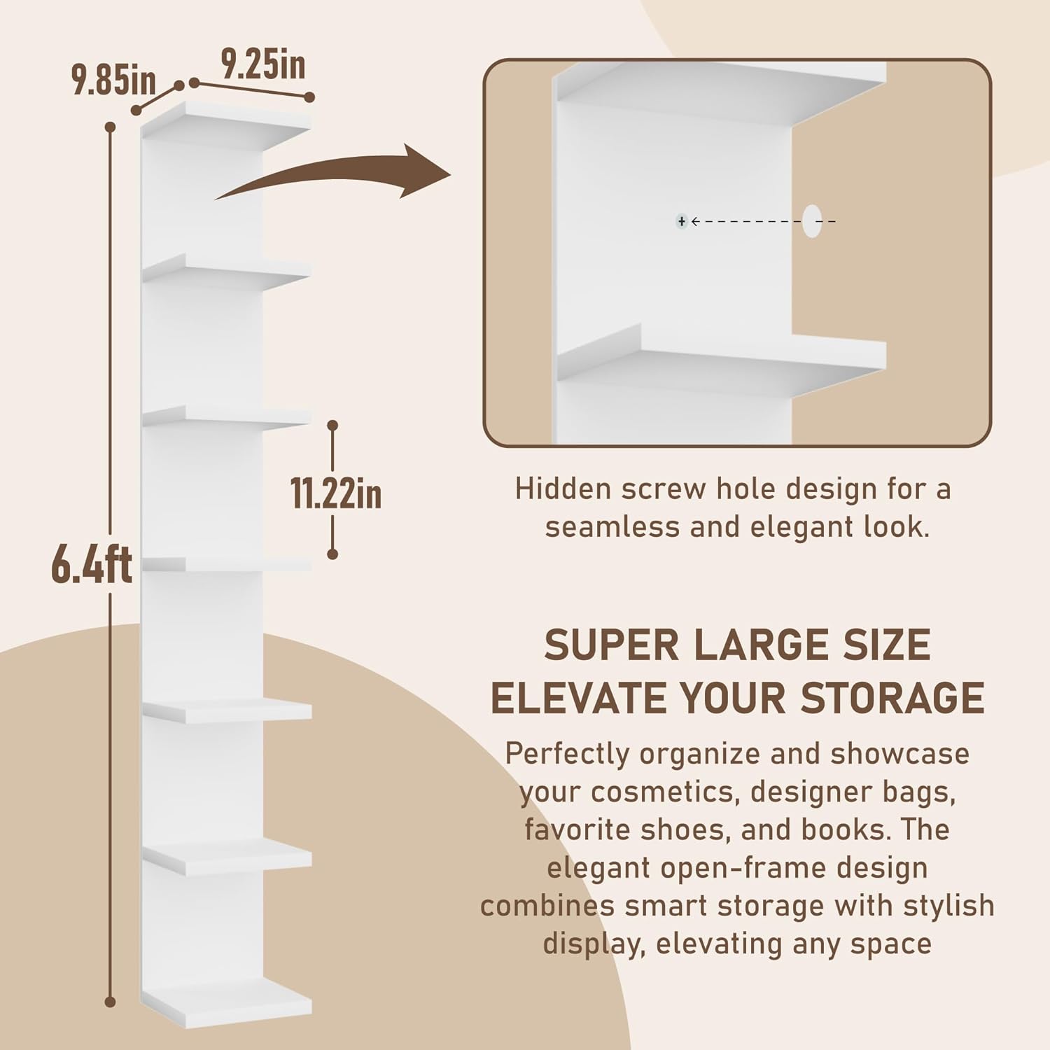 7 Tier Wall Shelf Unit, Floating Shelves for Storage Home Display, Versatile Lack Wall Shelves for Bedroom,Living Room,Office Decor, Tall Long Shelf for Book,Shoe,Vanity, Purse and TV White