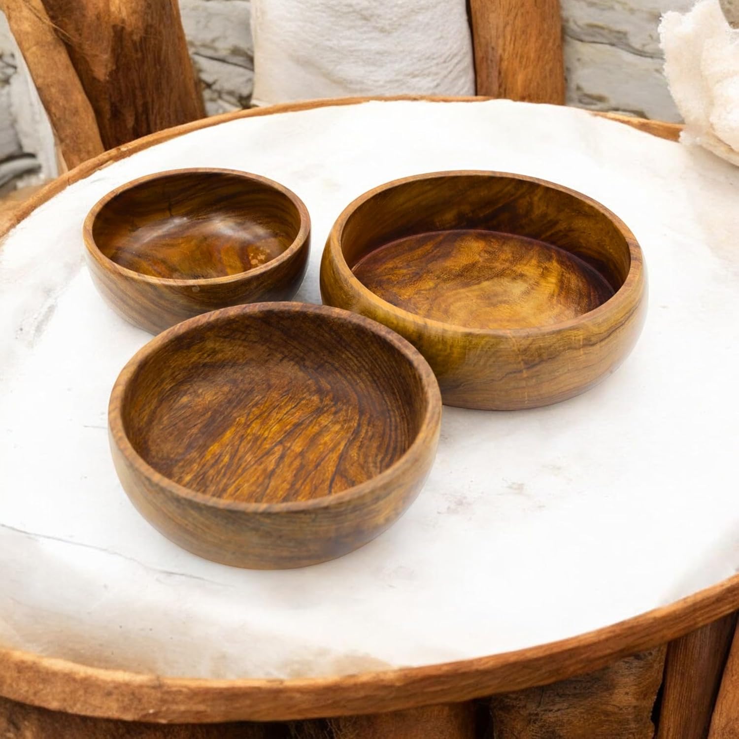 NATRIEL Stunning Wooden Bowl Set - Three Elegant Bowls for Serving and Display Bowl Serving Set