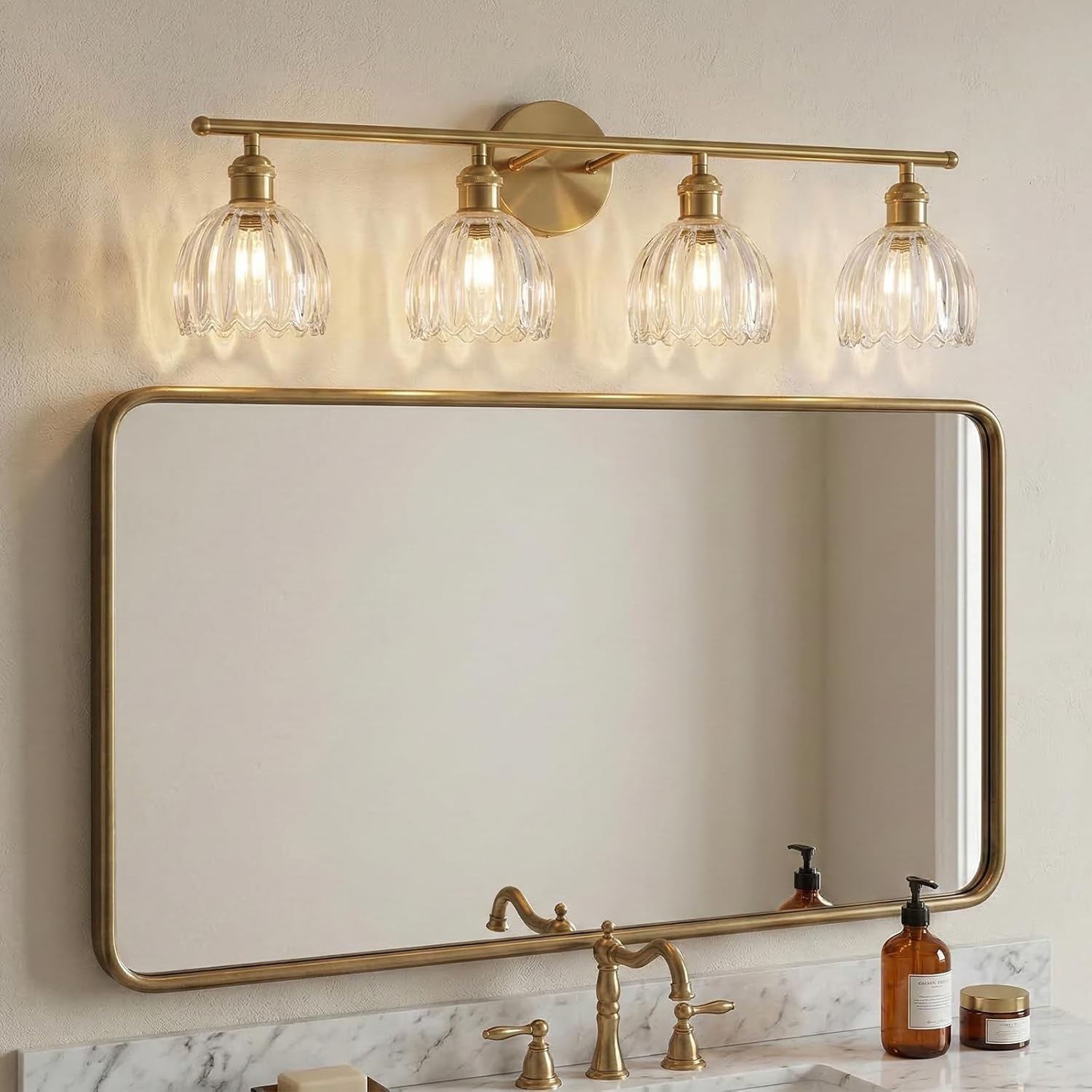 Bathroom Light Fixtures, 4-Light Brass Vanity Wall Light Over Mirror with Clear Tulip Glass Shade for Bedroom Living Room (Bulb Not Included)