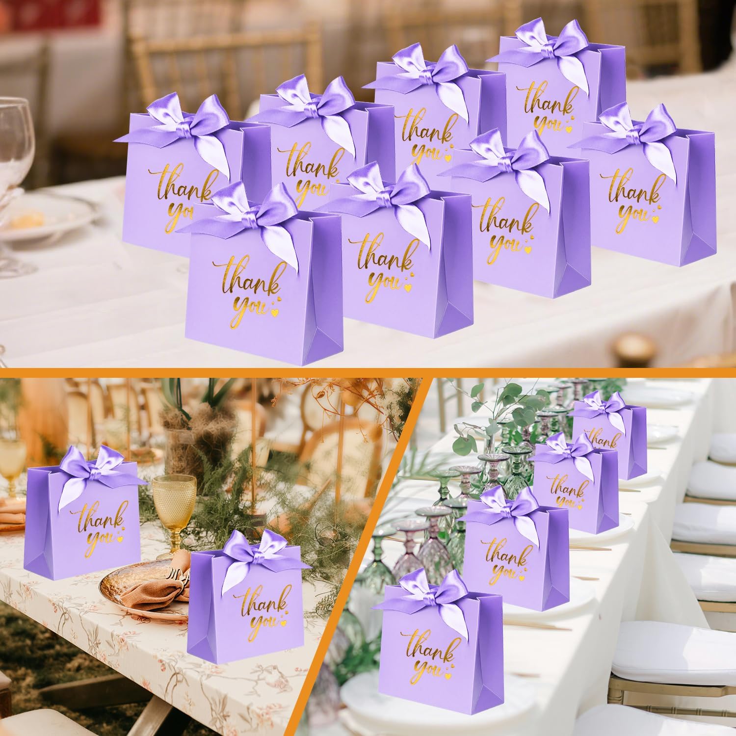 50 pack small thank you gift bags, 4.5x1.8x3.9 inches party favor bags, mini purple thank you bags with ribbon, wedding candy favor boxes, paper gift bags for baby shower, birthday party