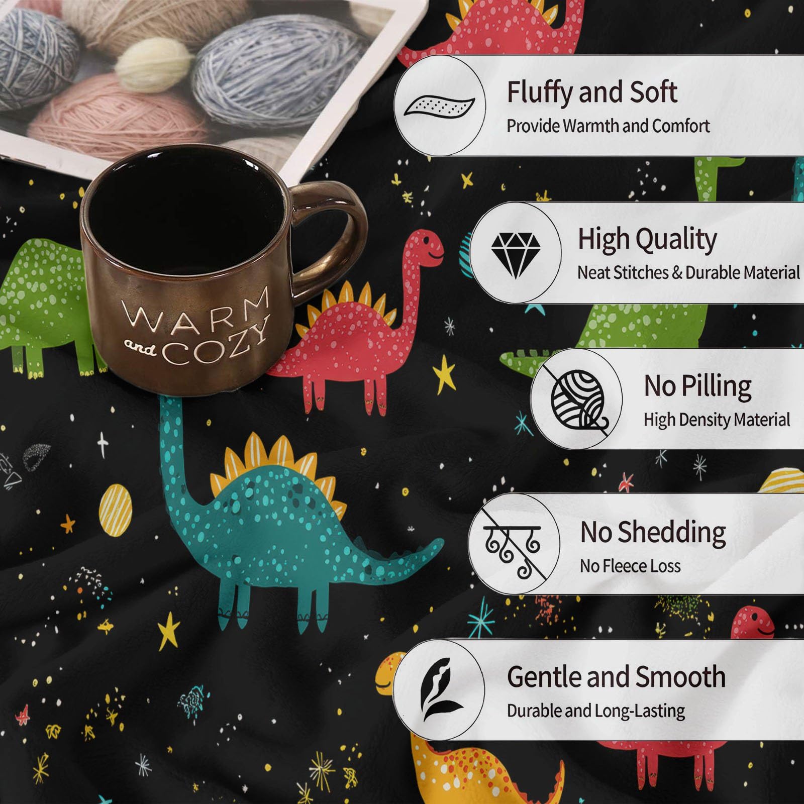 Cartoon Weltraum Kuscheldecke Dinosaurier Sterne Planeten Decke Tagesdecke Wohndecke Schwarz, Couchdecke Weich Warm Flauschig, Sofa Decke für Reisen Zelten Outdoor, 150 x 200 cm
