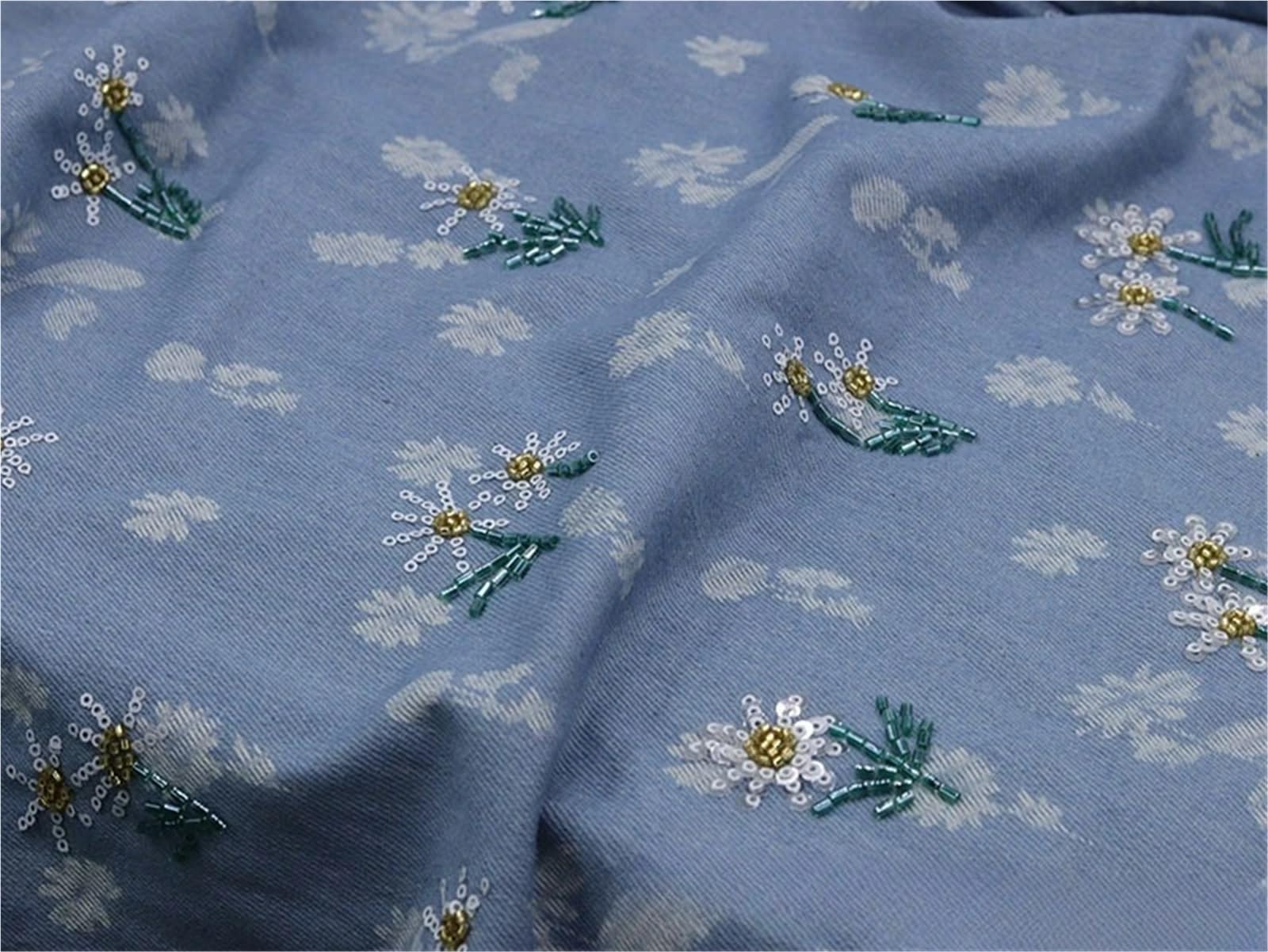 Tela Vaquera De AlgodóN Tela vaquera bordada con cuentas florales for coser chaquetas abrigos bolsos ropa Tela De Costura(Light Blue,90cmX150cm (1yard))