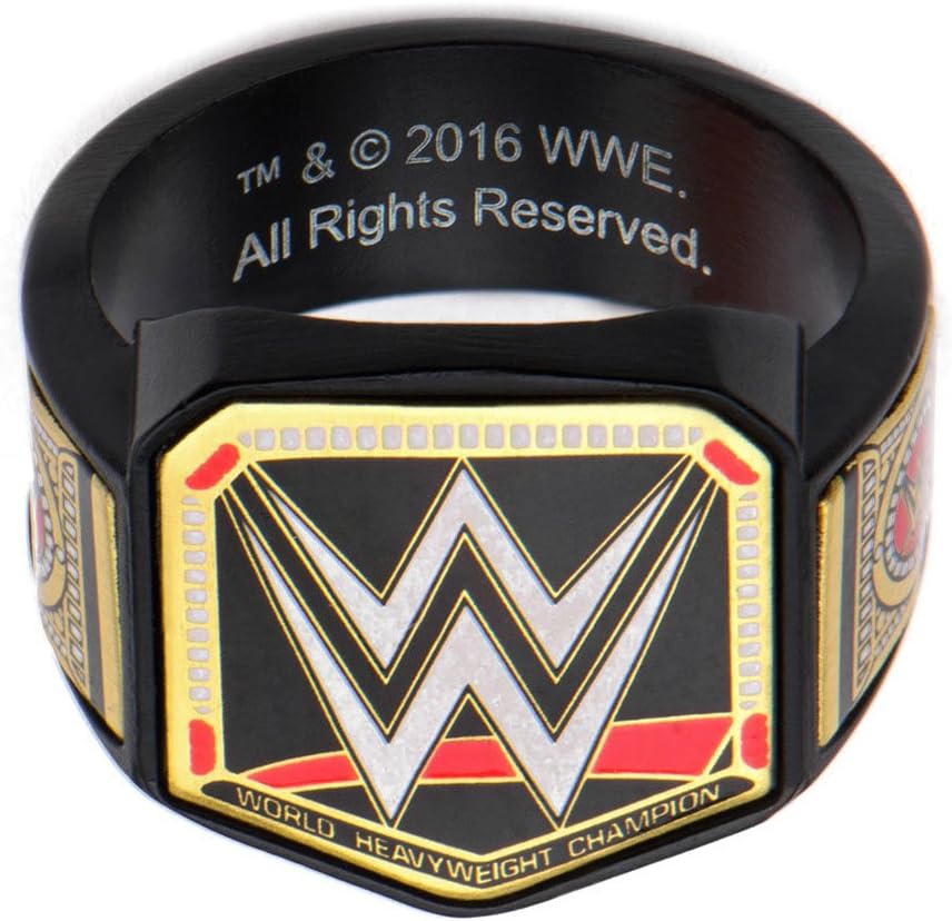 Deals Daily WWE Men's Stainless Steel Black PVD Plated Championship Belt Logo Ring