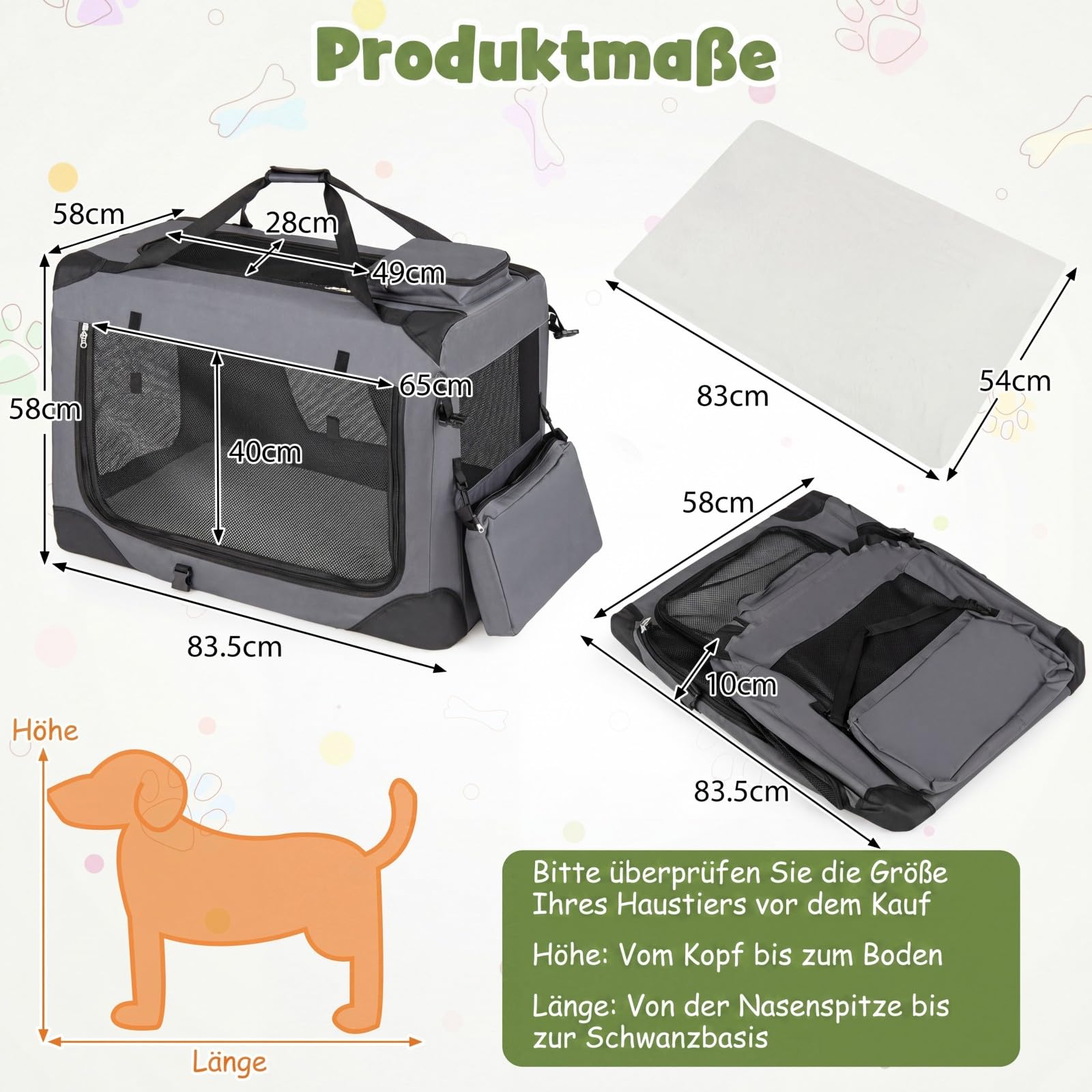 COSTWAY Hundebox Auto, Transportbox Hund faltbar (L-83,5 x 58 x 58 cm,Grau) | Hundetransportbox mit Griffen, 2 Taschen & abnehmbarem Pad, atmungsaktiv und tragbar, Katzenbox aus Oxford & Metallrahmen