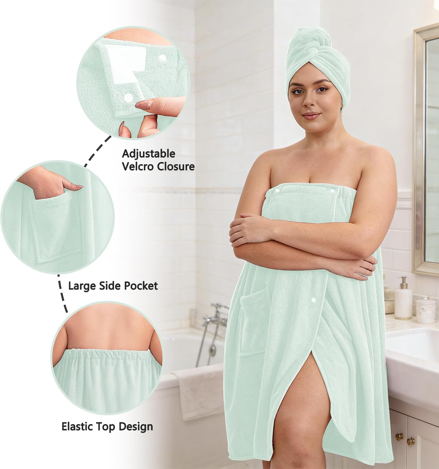 Women’s Plus Size Towel Wrap with Hair Towel (2XL-4XL), Oversized Shower Body Wrap Bathrobe, Soft Quick-Dry Hair Drying Towel for Spa Use Light Green