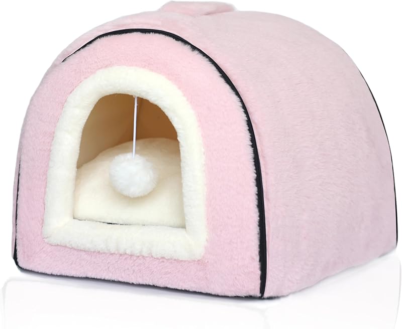 Cama Casinha Dobrável para Gatos OMIVIER com Almofada Macia e Base Antiderrapante Rosa, Grande