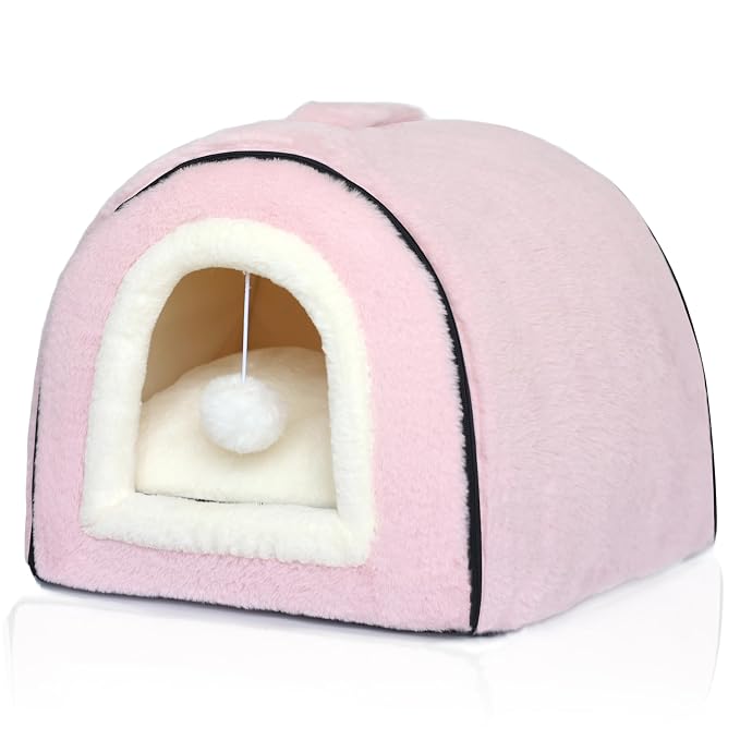 Cat Bed for Indoor Cats，Foldable cat cave，Anti-Slip & Water-Resistant Bottom，cat Houses for Indoor Cats or Small Dogs, Kitten Tent, Rabbit Bed，2 in 1 pet Bed (Pink)