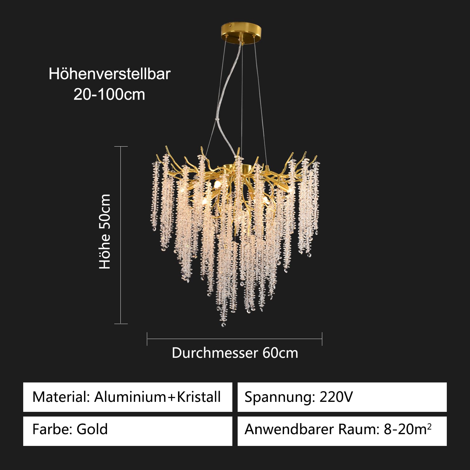 Lampadario a sospensione in cristallo, moderno, rotondo, in cristallo K9, con catena regolabile, per camera da letto, soggiorno, sala da pranzo, ristorante (oro, G9 x 8,7 cm)