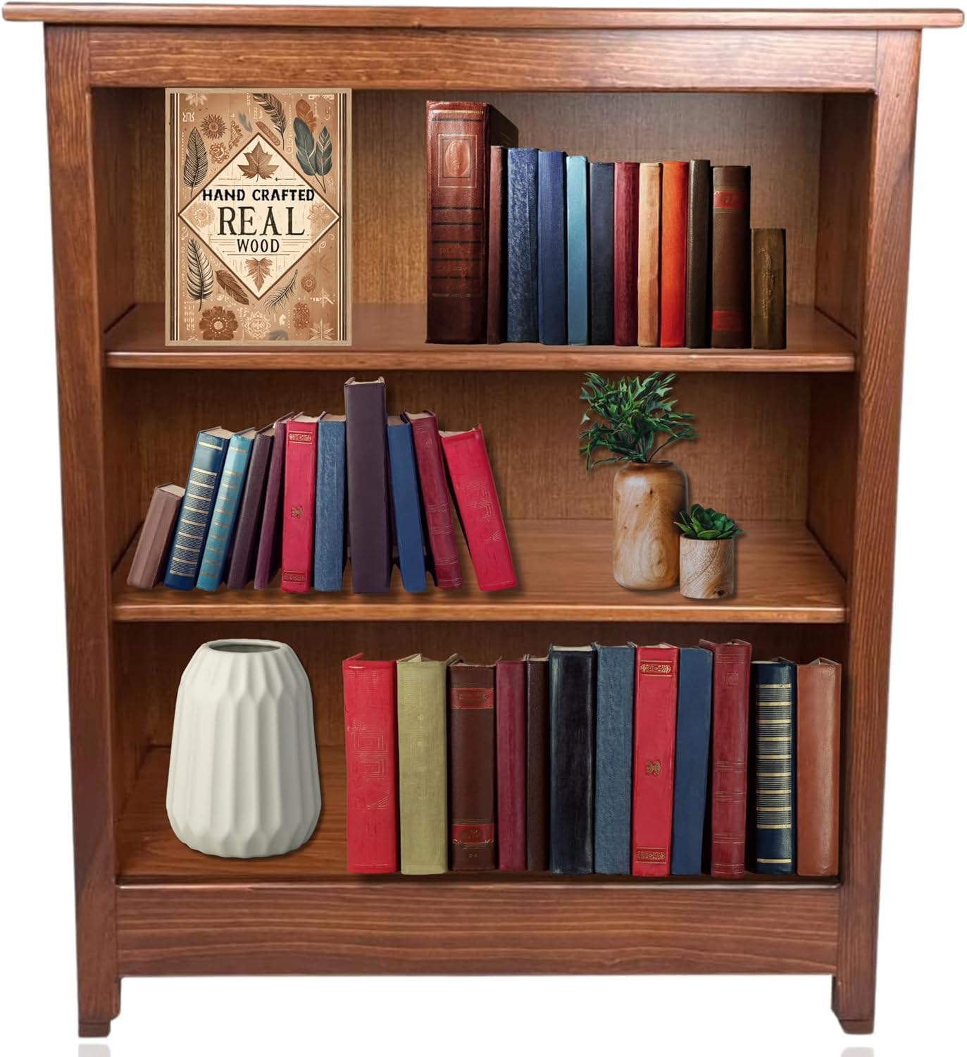 Peaceful Classics 3 Tier Bookcase, Adjustable Wooden Book Shelves for Small Spaces, Classroom, Bedroom, Office - Cherry