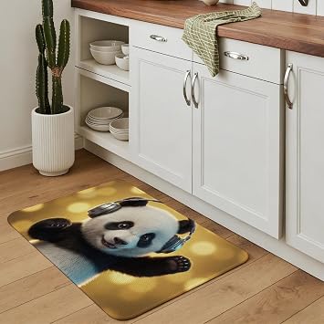 Absorbent Door Mat,Funny Panda Headphones Faux Linen Doormat,Washable Non-Slip Entrance Rug Cute Animal Art Shining Back Welcome Front Mat for Indoor Outdoor Entryway Kitchen,16"x24"