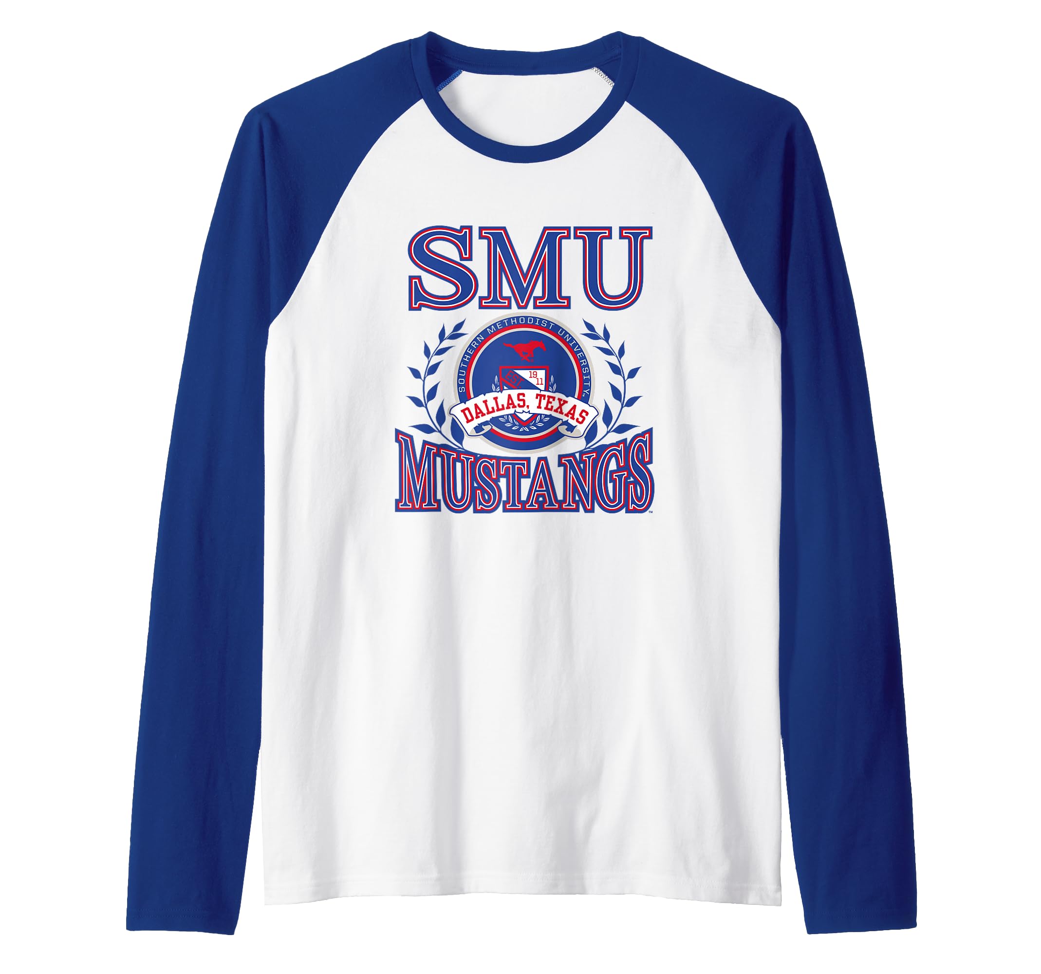 SMU Mustangs Laurels Logo Officially Licensed Raglan Baseball Tee