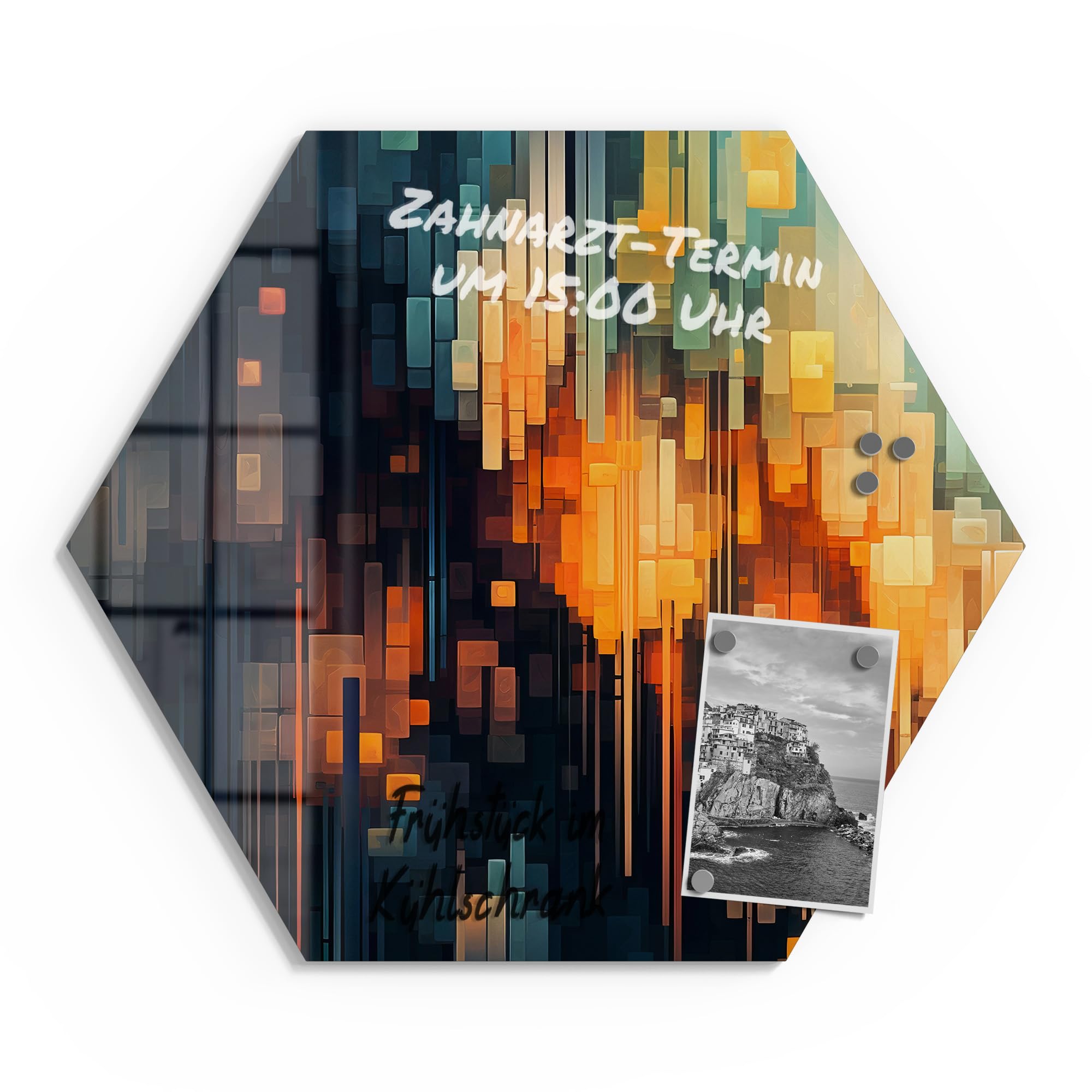Szklana tablica magnetyczna | sześciokątny rozmiar 55 x 47,6 cm | motyw "nocny kolorowy deszcz" | tablica memo ze szkła | tablica magnetyczna z magnesami, długopisem i chusteczką do kuchni i