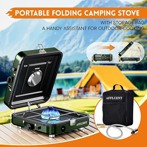 Miniatura 3 de AFFLUENT Estufa de camping de propano de 2 quemadores con parrilla y bolsa de almacenamiento, un imprescindible para estufa de campamento! Plegable,