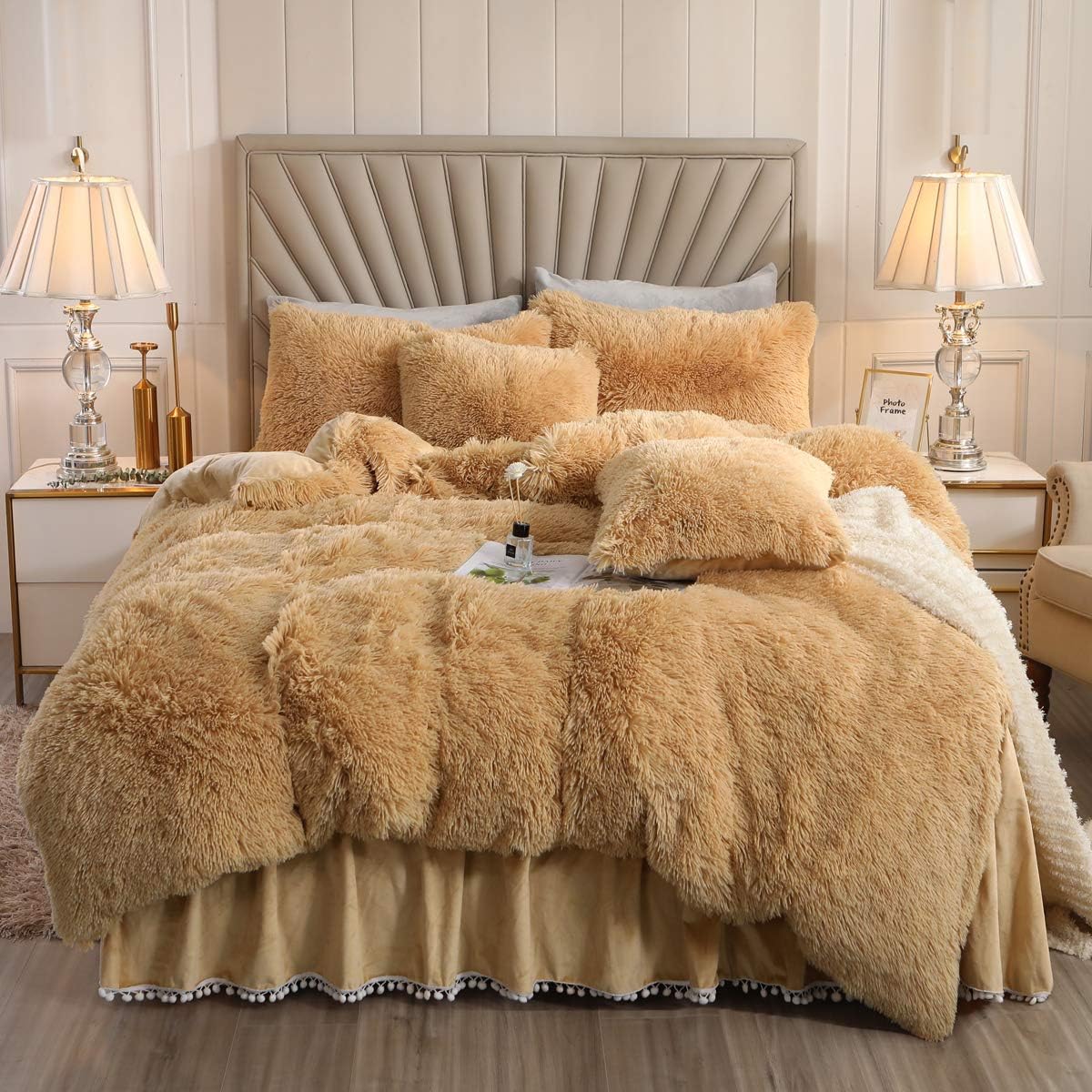 XIYU Luxury Plush Shaggy Duvet Cover Set Ultra Soft Crystal Velvet Bedding Sets 3 Pieces(1 Faux Fur Duvet Cover + 2 Faux Fur Pillowcase) (King, Camel)