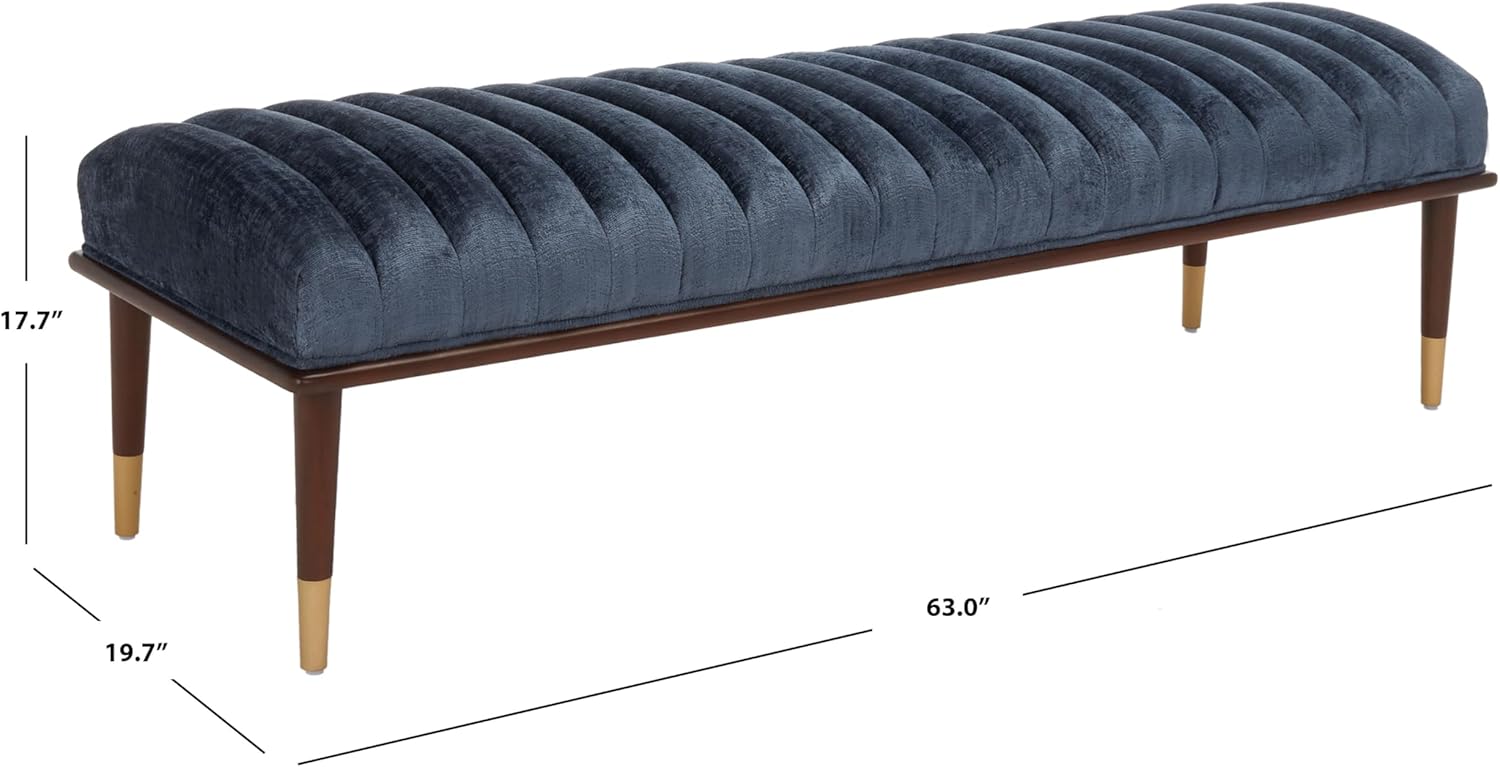 SAFAVIEH Couture Collection Flannery Mid-Century Dark Blue Velvet/Dark Mahogany Solid Wood Bench (Fully Assembled)
