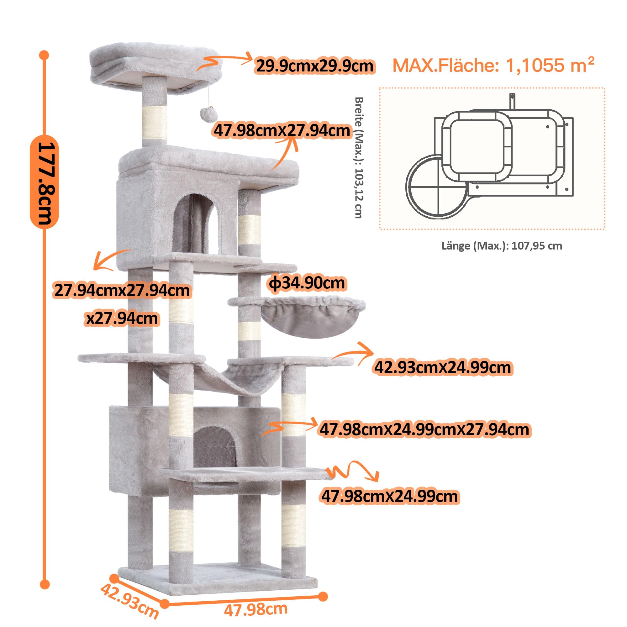 Heybly Arbre À Chat, De 178 cm De Hauteur, Colonne À Griffer pour Les Chats D'Intérieur, Arbre À Chat Multi-Étagé avec 8 Colonnes À Griffer, 2 Trou, 2 Plateformes, Hamac, Panier, Gris Foncé HCT036W
