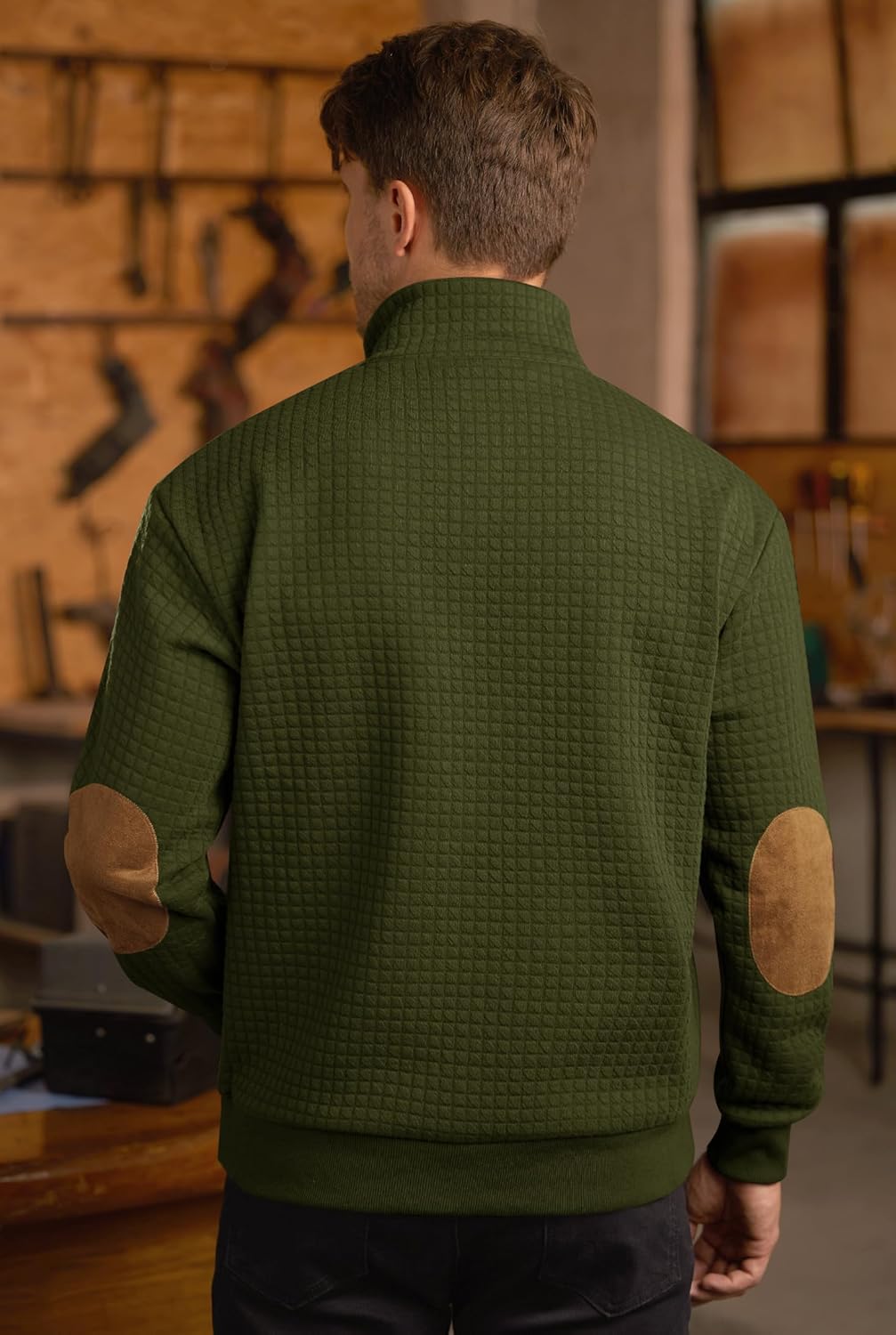 Men's Textured Sweatshirt Fleece Lined Thermal Elbow Patches Heavyweight Pullover - Image 8