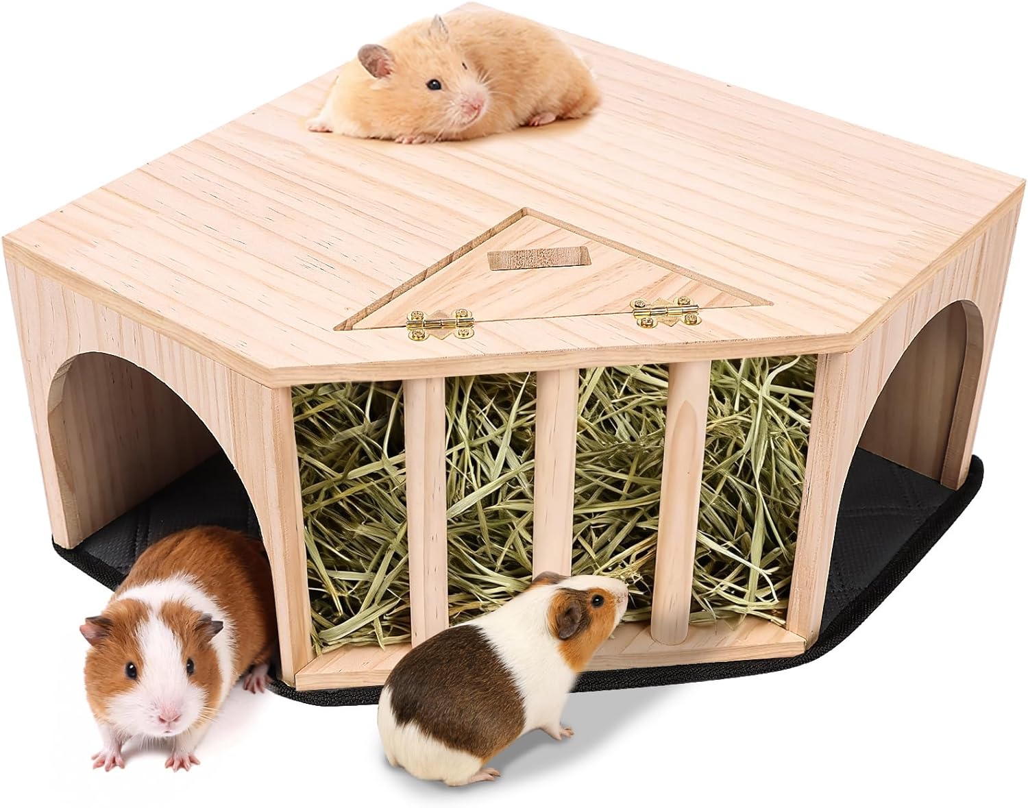 Kalolary Wooden Guinea Pig Corner Hideout with Pee Pad, Small Animal Hideout with Hay Feeder Dual Entrances Hamster Hideout for Bunny Chinchilla Mice Dwarf Gerbils Mouse Hedgehog Playing Hiding