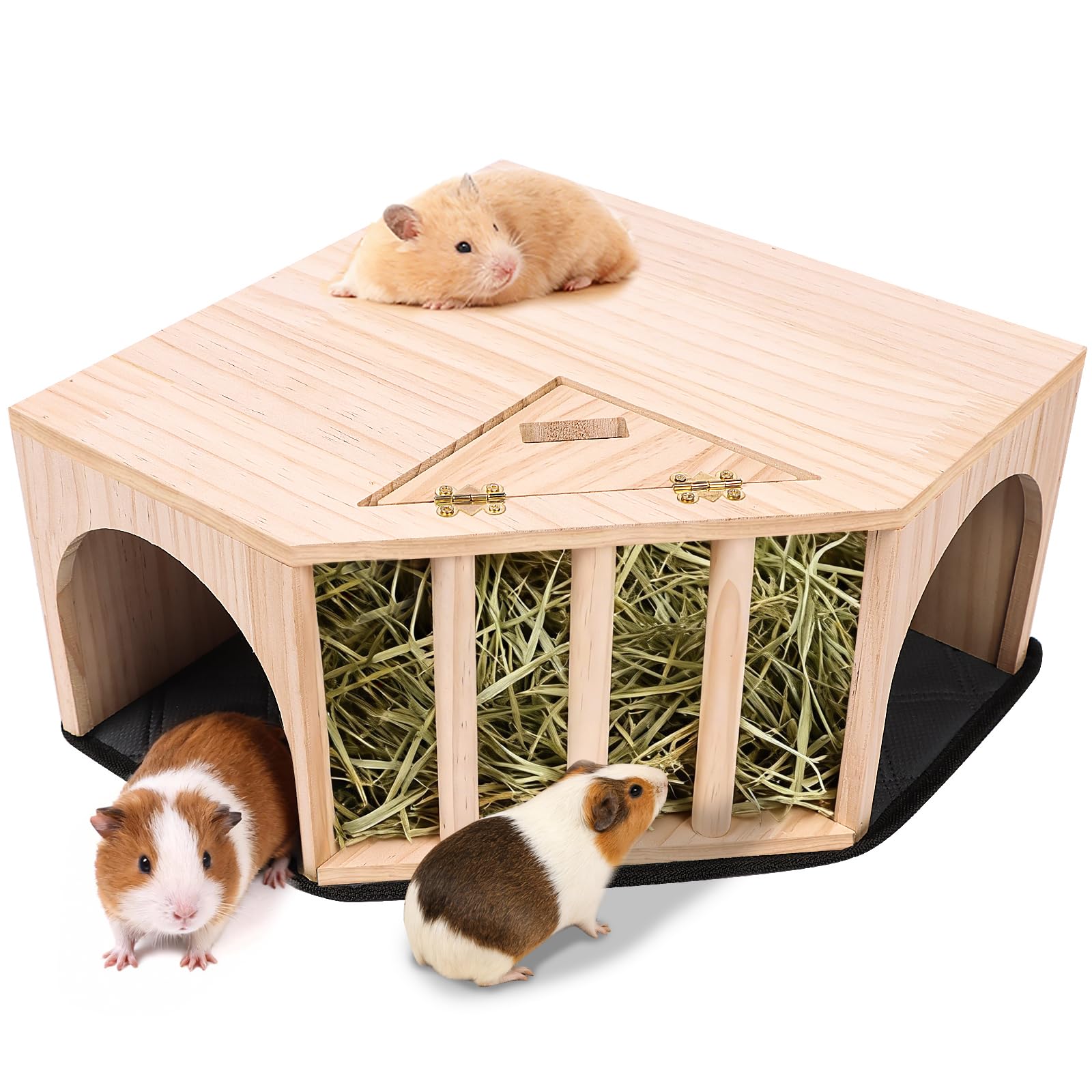 Kalolary Wooden Guinea Pig Corner Hideout with Pee Pad, Small Animal Hideout with Hay Feeder Dual Entrances Hamster Hideout for Bunny Chinchilla Dwarf Gerbils Hedgehog Playing Hiding