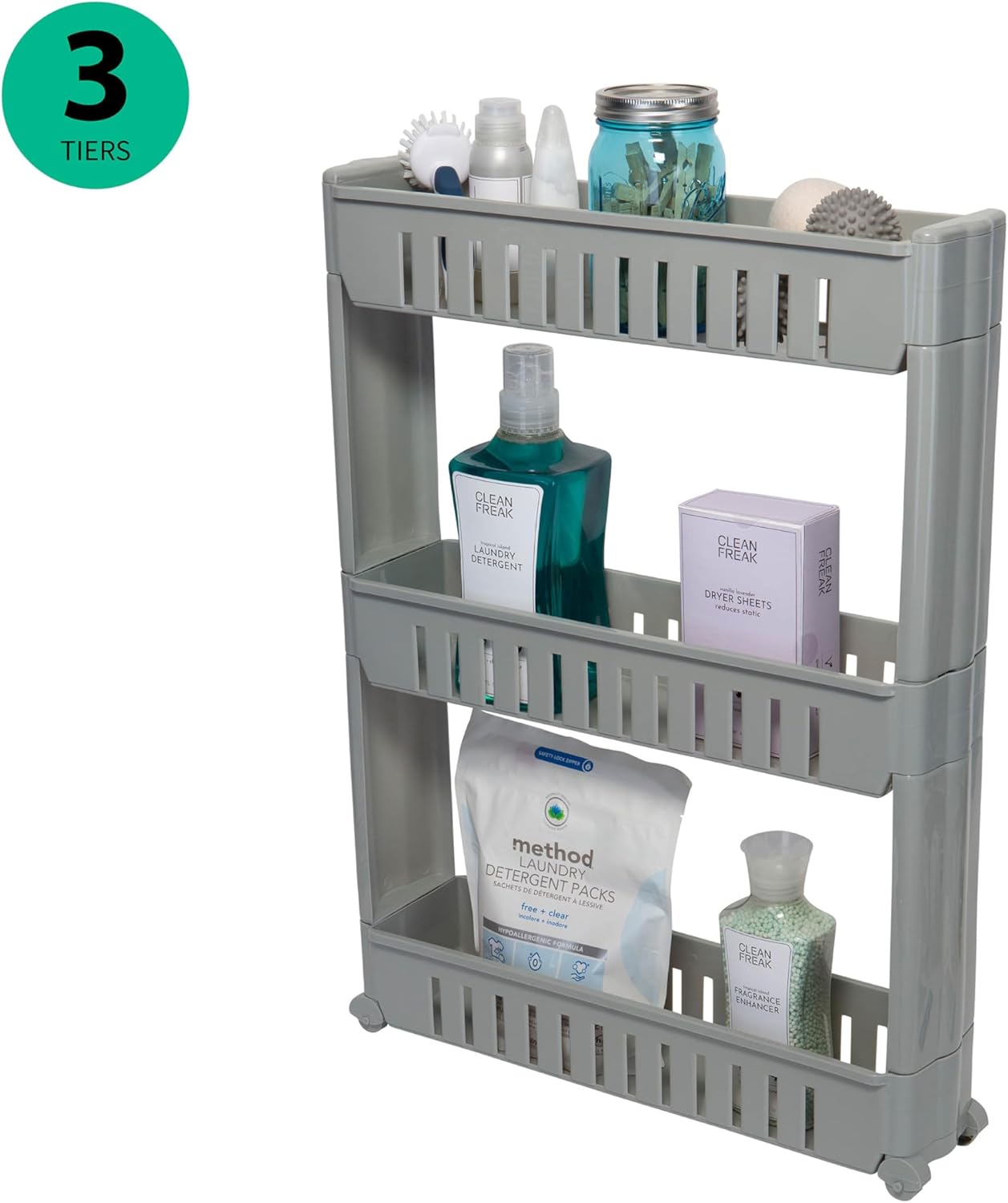 Simplify 3 Tier Slim Slide Out Storage Cart | Multi-Purpose Organization | Rolling | Wheels | Small Space | Laundry Room | Kitchen | Bathroom | Office | Grey