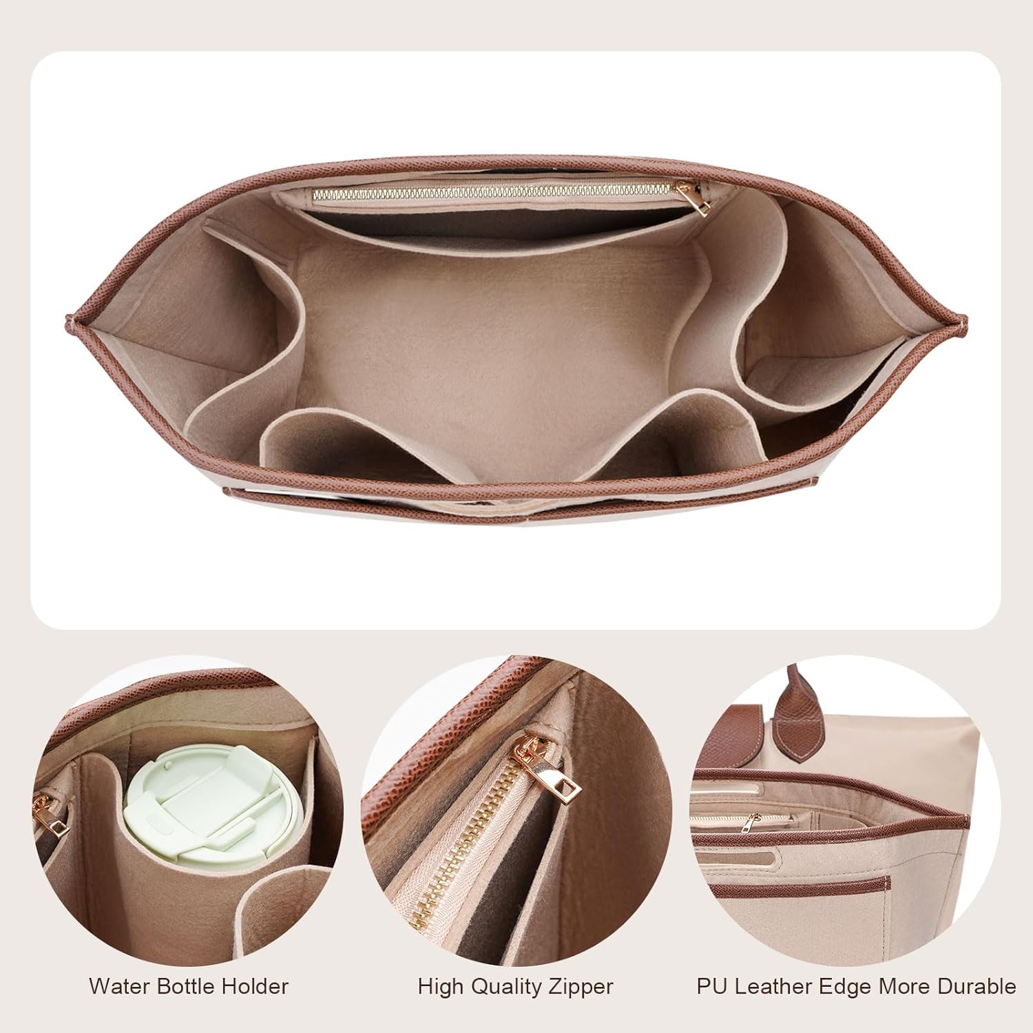 ZTUJO Premium Felt LongChamp Organizer Insert, Compatible with Longchamp Le Pliage Energy, Shoulder Bag, Top Handle, Xtra (Beige, Small) - Image 4