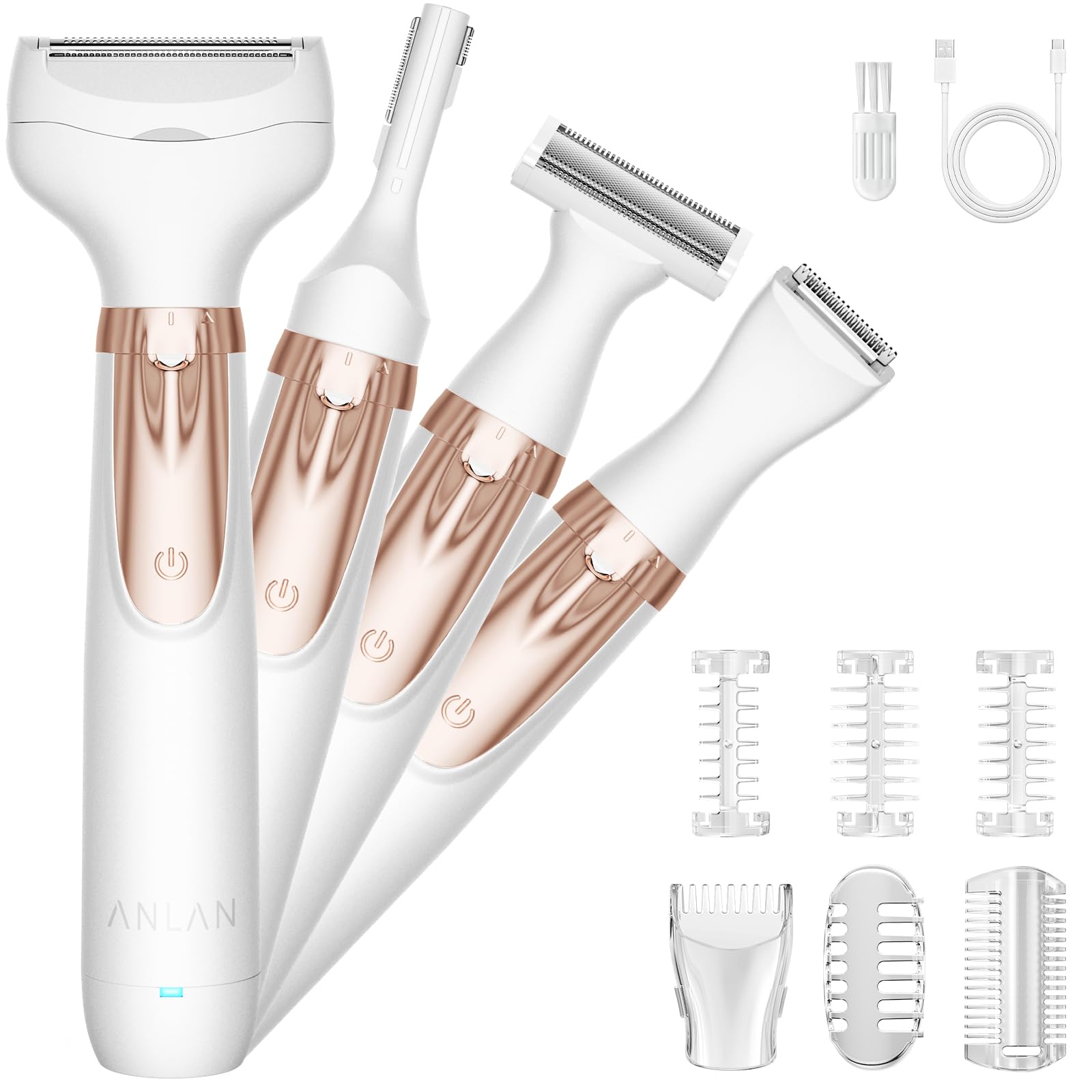 ANLAN Elektrischer Damenrasierer 4 in 1, Intimrasierer Damen & Bikini Trimmer, USB-C Wiederaufladbar, IPX6 Wasserdicht für Nass & Trockenrasur, Körperrasierer für Beine, Achseln, Gesicht & Augenbrauen