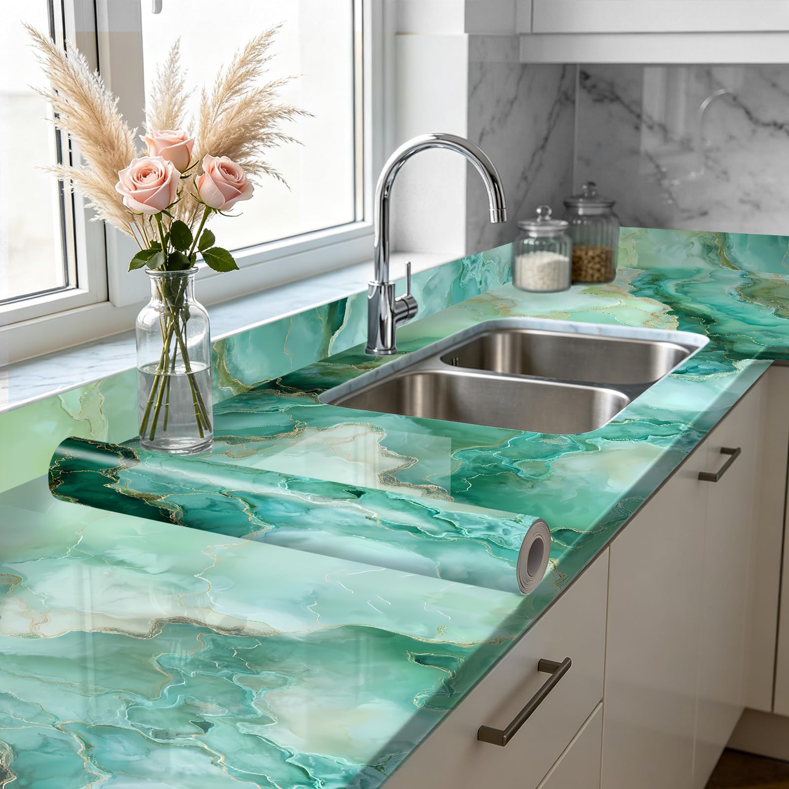 Nuxovilar Green Marble Vein Wallpaper Peel Stick Vinyl 15.75x39.37 | Stone Wrap, Liners, adhesive wallpaper, countertop contact paper, for bathroom, bedroom, living room (Green Vein)