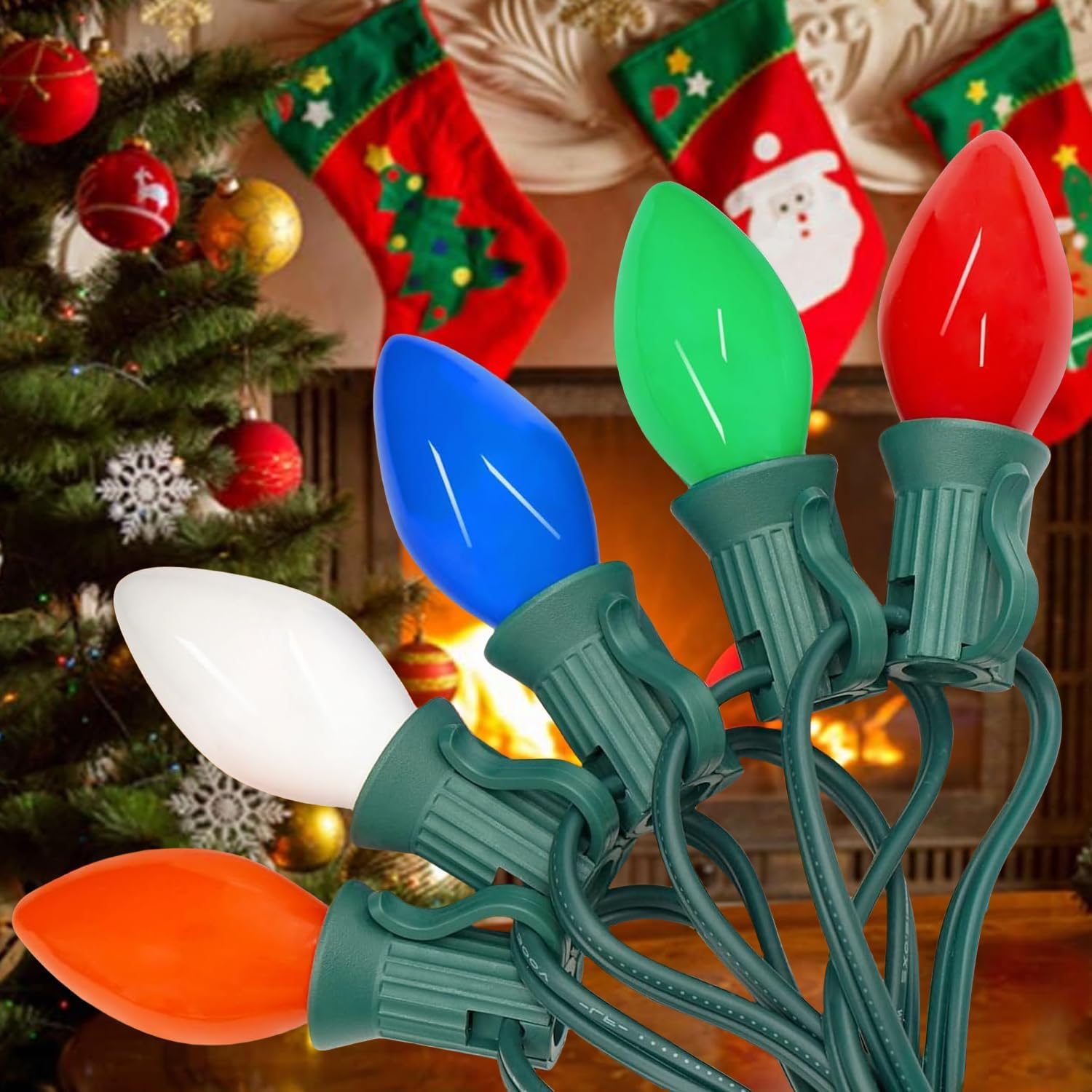 outdoor c7 christmas lights, 25ft vintage christmas string lights multicolor plug-in waterproof e12 base (5w) for indoor xmas tree/outdoor holiday house roofline, garden, patio, party decor c7 incandescent lights
