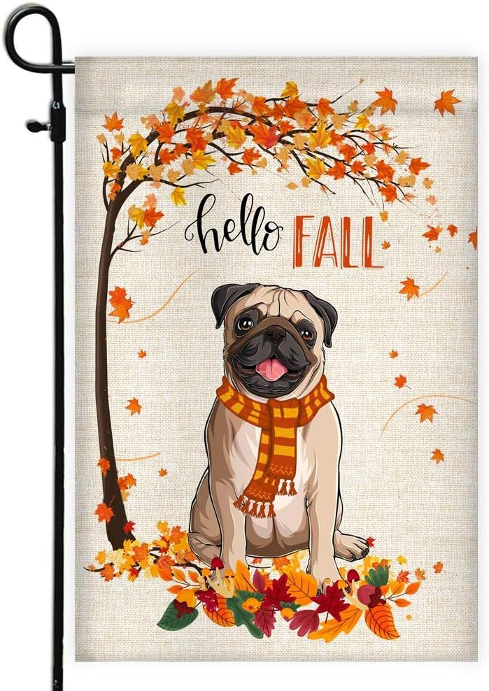 Hello Fall Pug Dog Flag Maple Leaves Orange Pumpkin Autumn (12" x 18") USA Garden Flag Premium Decorative Yard Outdoor Flags