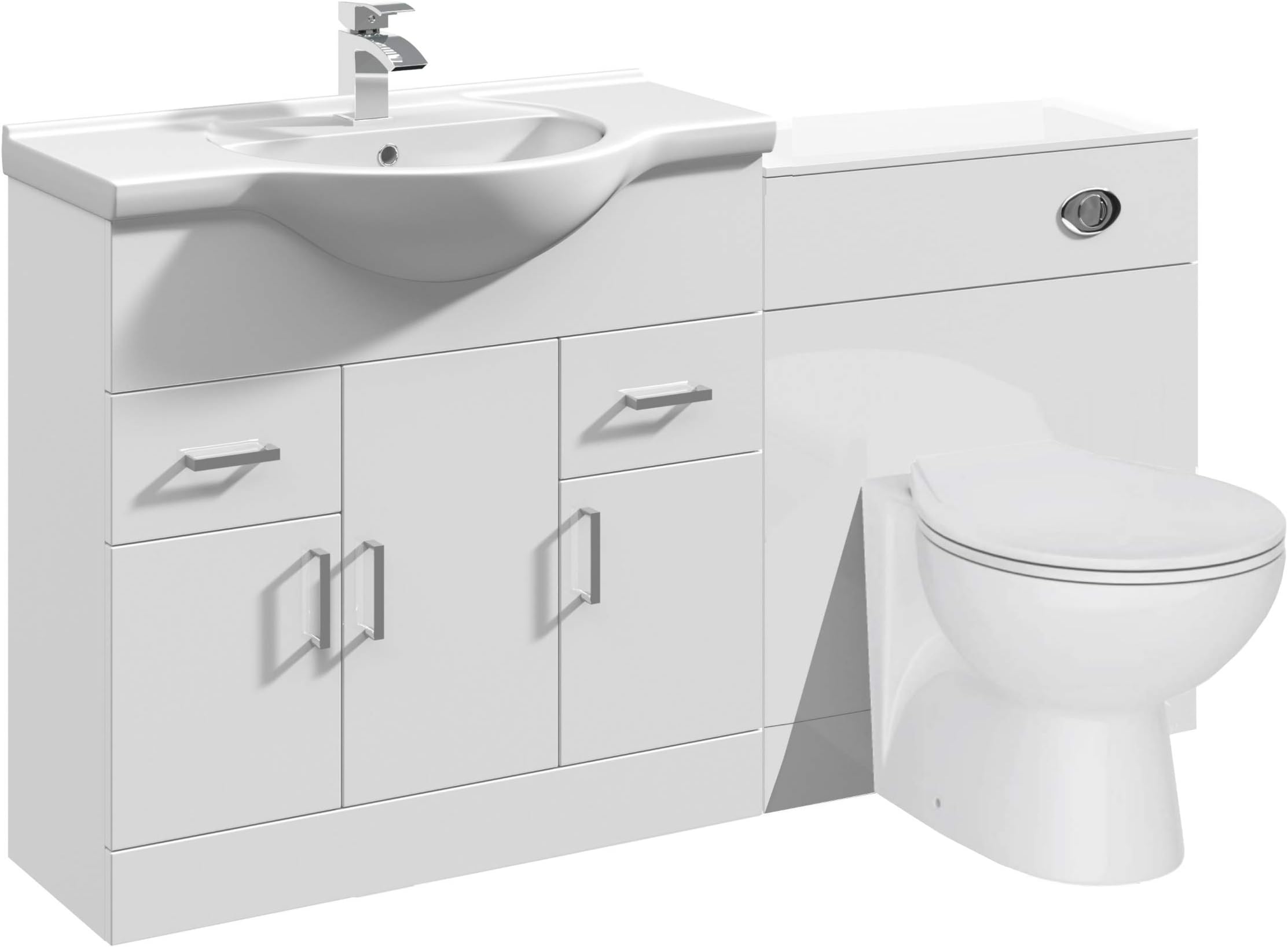 VeeBathLinx 1450 Vanity Unit Furniture Set, Wash Basin Bathroom Sink, WC, Toilet Pan, Soft Close, Quick Release Toilet Seat with Concealed Cistern-White (Flat Pack)