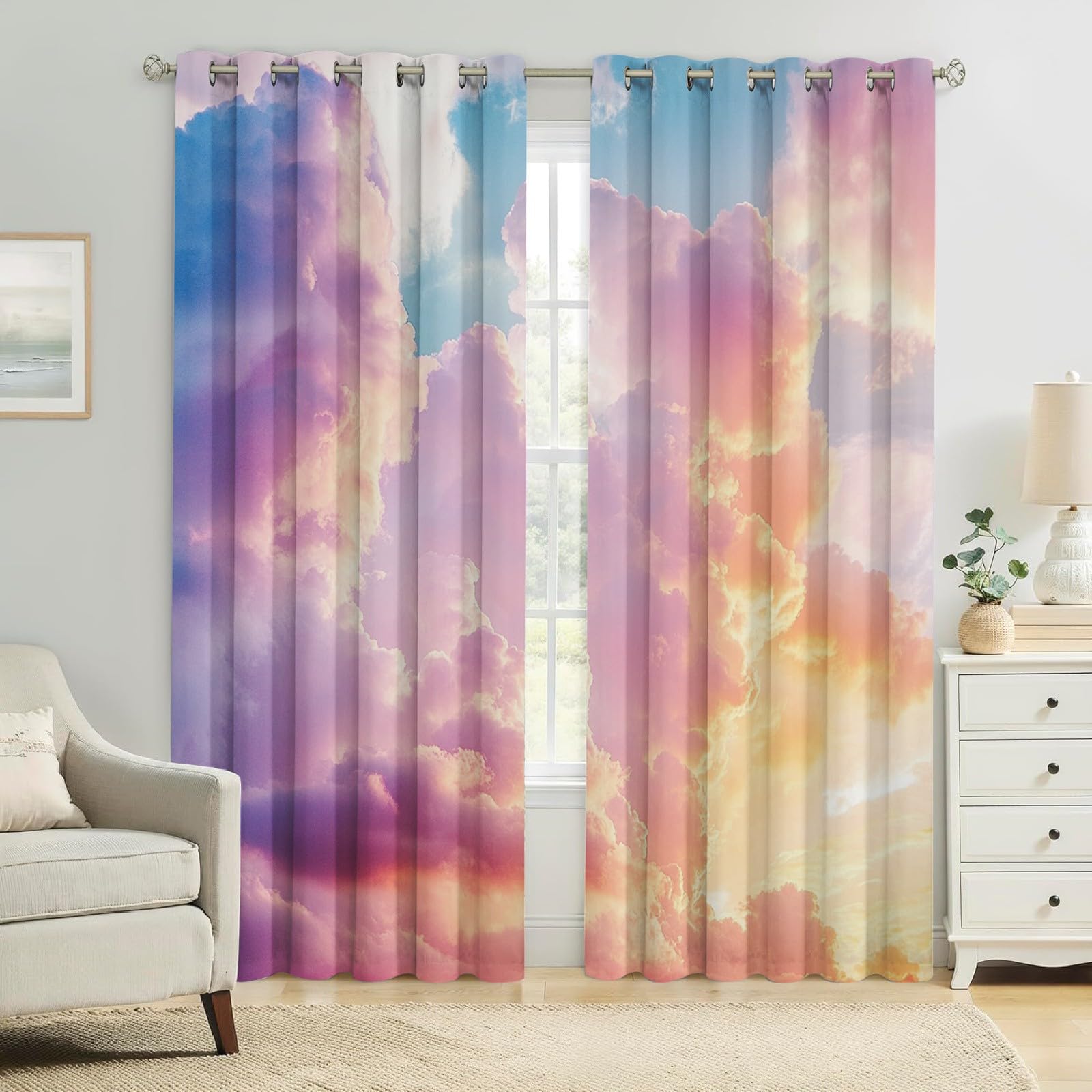 Rideaux Occultants Nuages du Coucher de Soleil Lot de 2 Opaques Thermiques et Phoniques avec Œillets, Imprimé 3D Abstrait pour Chambre Enfant, Salon ou Véranda 110L X 215H cm