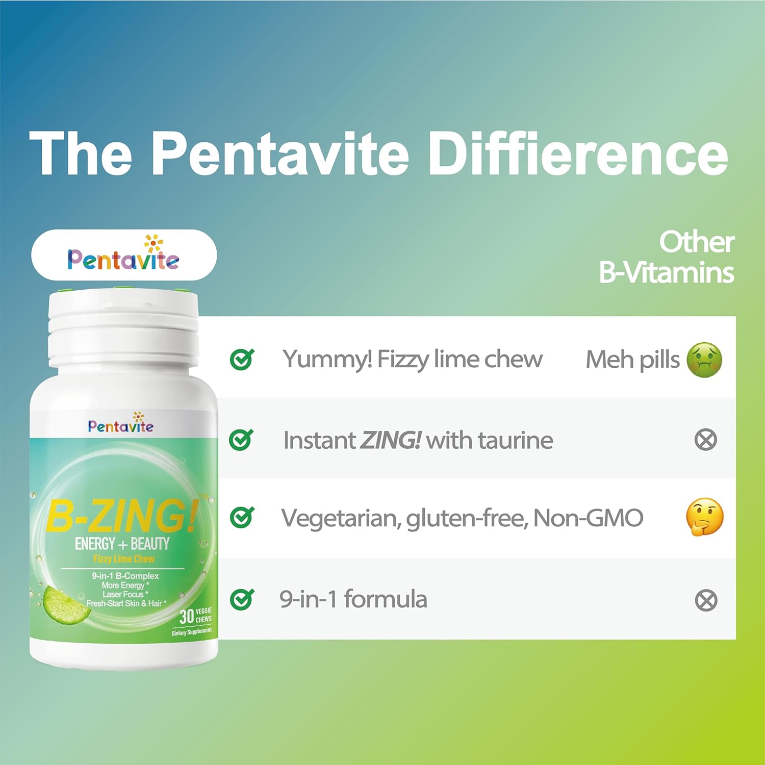 Pentavite B-ZING Daily Energy Supplements, 9-in-1 Fizzy Lime Chew, Vitamin B Complex (8 B Vitamins) with Taurine, Support Energy, Skin & Hair and Beauty, Supplements for Women & Men, 90 Ct