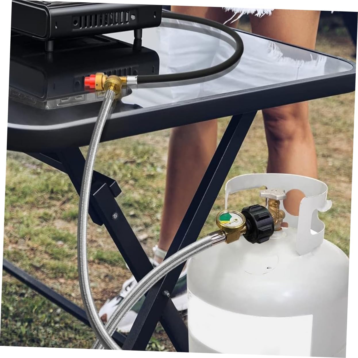 Kisangel 2Pcs Rv Propane Hose with Gauge Stainless Steel Connection Lines for Long Term Use Npt Fittings for Rvs Camping and Outdoor Heating