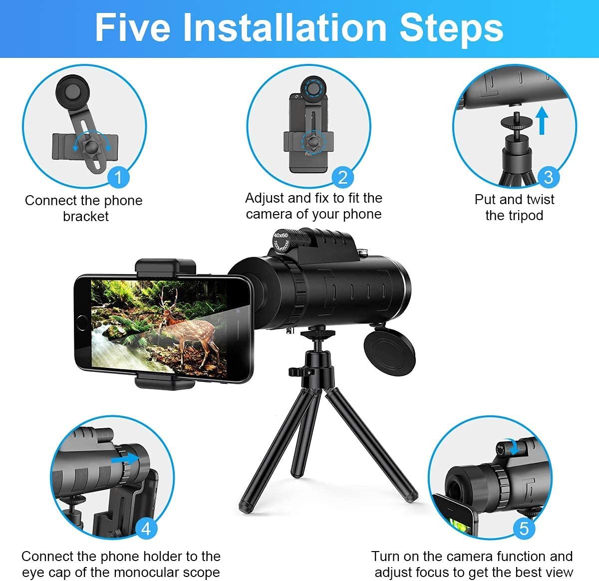 Topmeg Monocular Telescope, 40X60 HD Monocular Telescope Night Vision Waterproof Telescope Monocular for Adults with Smartphone Holder & Tripod for Bird Wildlife Hunting Camping Travelling : Electronics