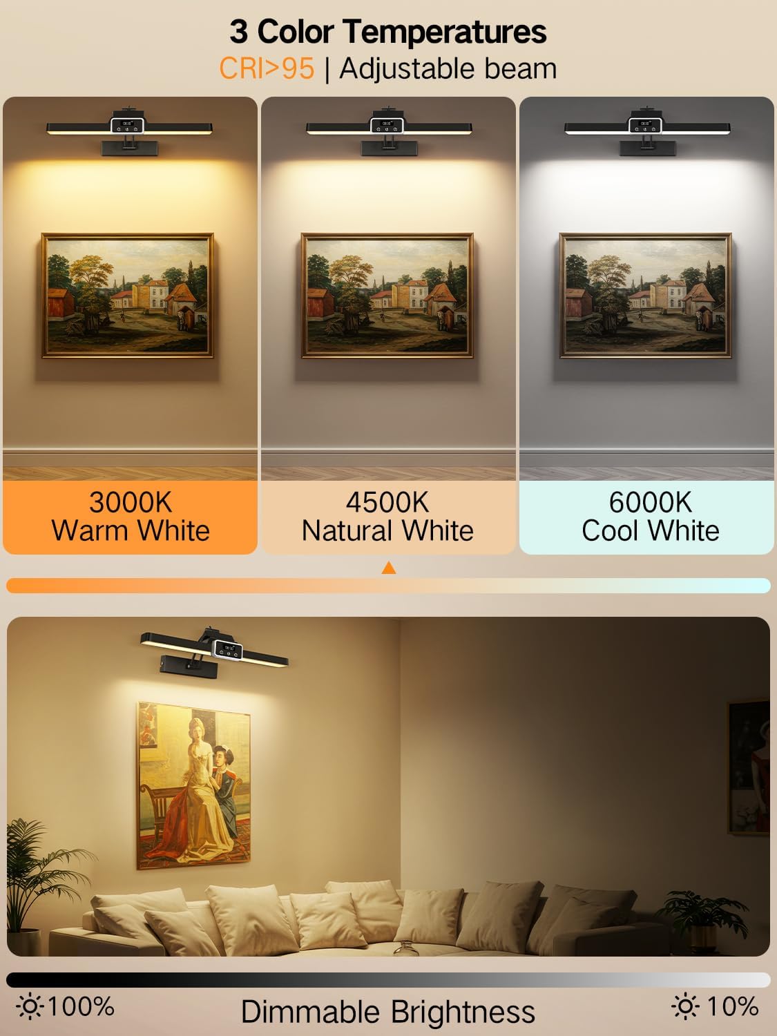 OUTON Rechargeable Picture Light with Remote & Touch, 15.7" Magnetic, Battery Operated, 3 Color Temperatures Dimmable, Clock, Timer, Memory, Power Indicator, Wireless Art Light for Wall, Black-2Pack