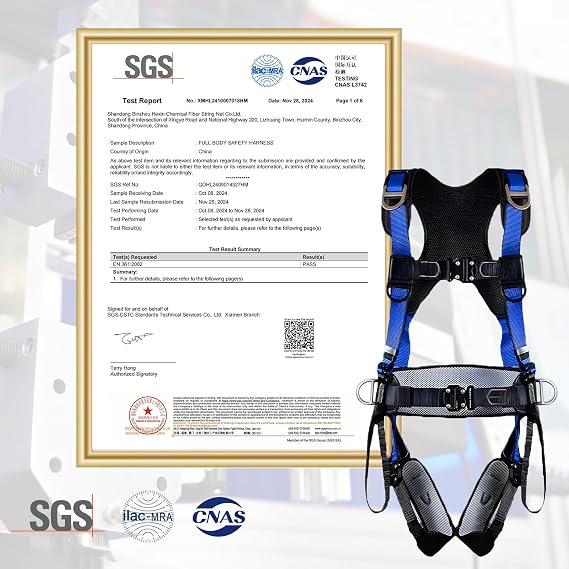 NewDoar Professional Fall Protection Climbing Harness, ANSI/OSHA Compliant 5-Point Adjustable Half Body Harness for Roofing Tree Climbing Breathable Lightweight with Alloy Double Hook Safety Lanyard