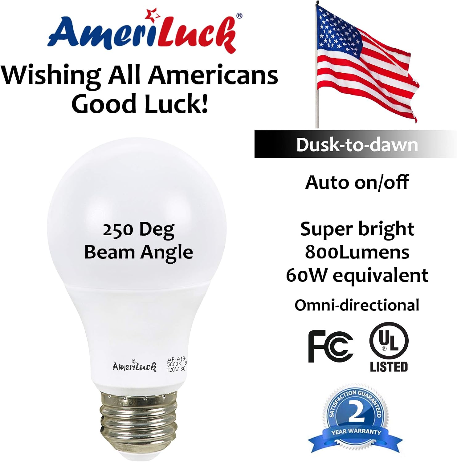 AmeriLuck Dusk to Dawn Auto On/Off Smart LED Light Bulbs A19, 60W Equivalent (9W), 800Lumens (5000K Daylight, 4 Pack)