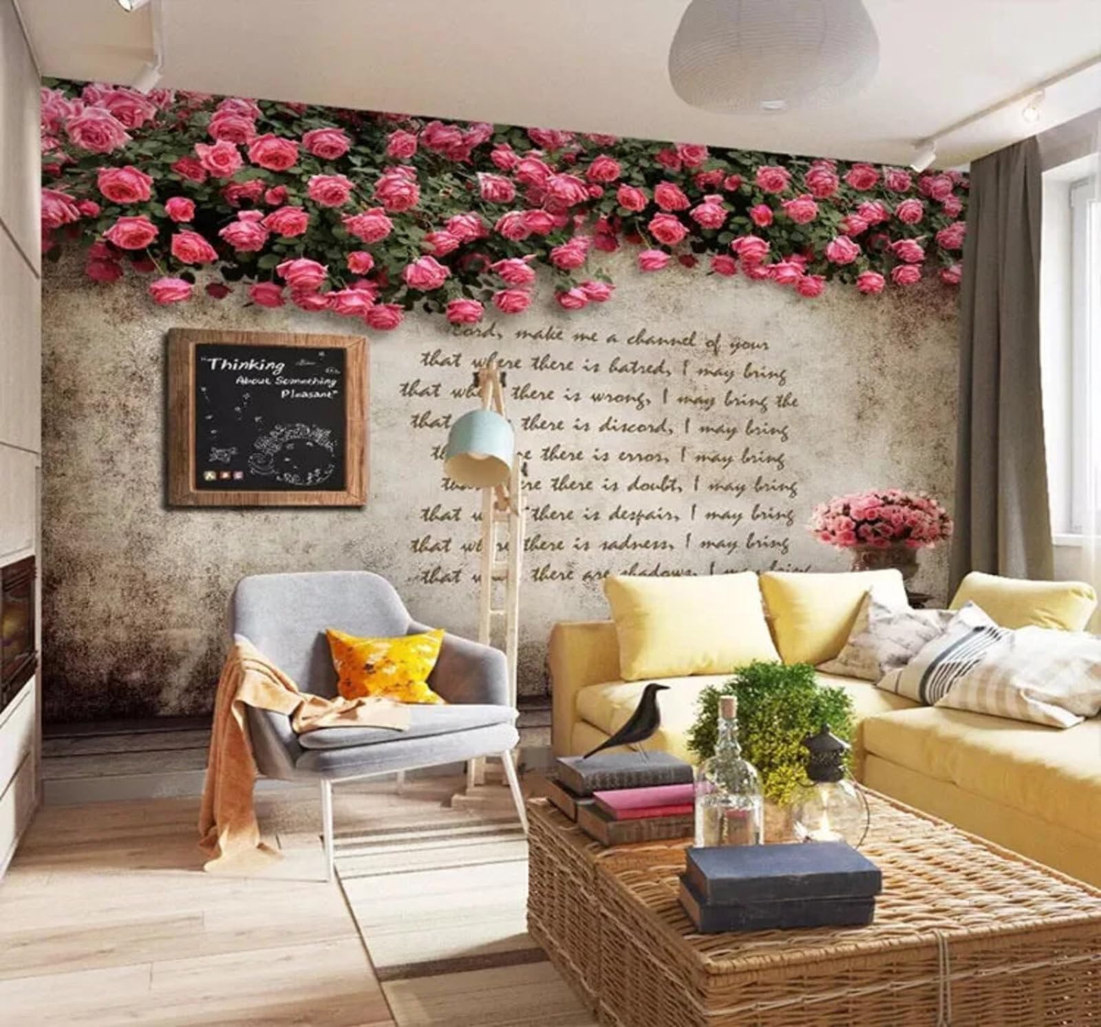 Wallpaper-3D-Xlm 350Cm×256Cm(B×H) Vintage Concrete Wall Pink Roses Art 3D Wallpaper Easy Install Feature Office Living Room Sofa Bedroom Tv Background Wall Decoration-350Cm×256Cm