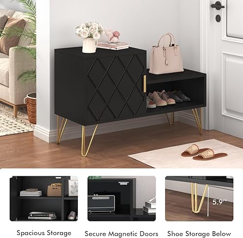 Miniatura 6 de yoyomax Banco de almacenamiento con 2 compartimentos y estante ajustable, soporta hasta 350 libras zapatero para entradapasillo (30 pulgadas, negro)