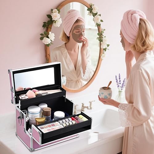 Miniatura 4 de Joligrace Estuche de maquillaje de 12 pulgadas, organizador de caja de maquillaje grande, estuche de maquillaje con espejo, estuche de viaje para
