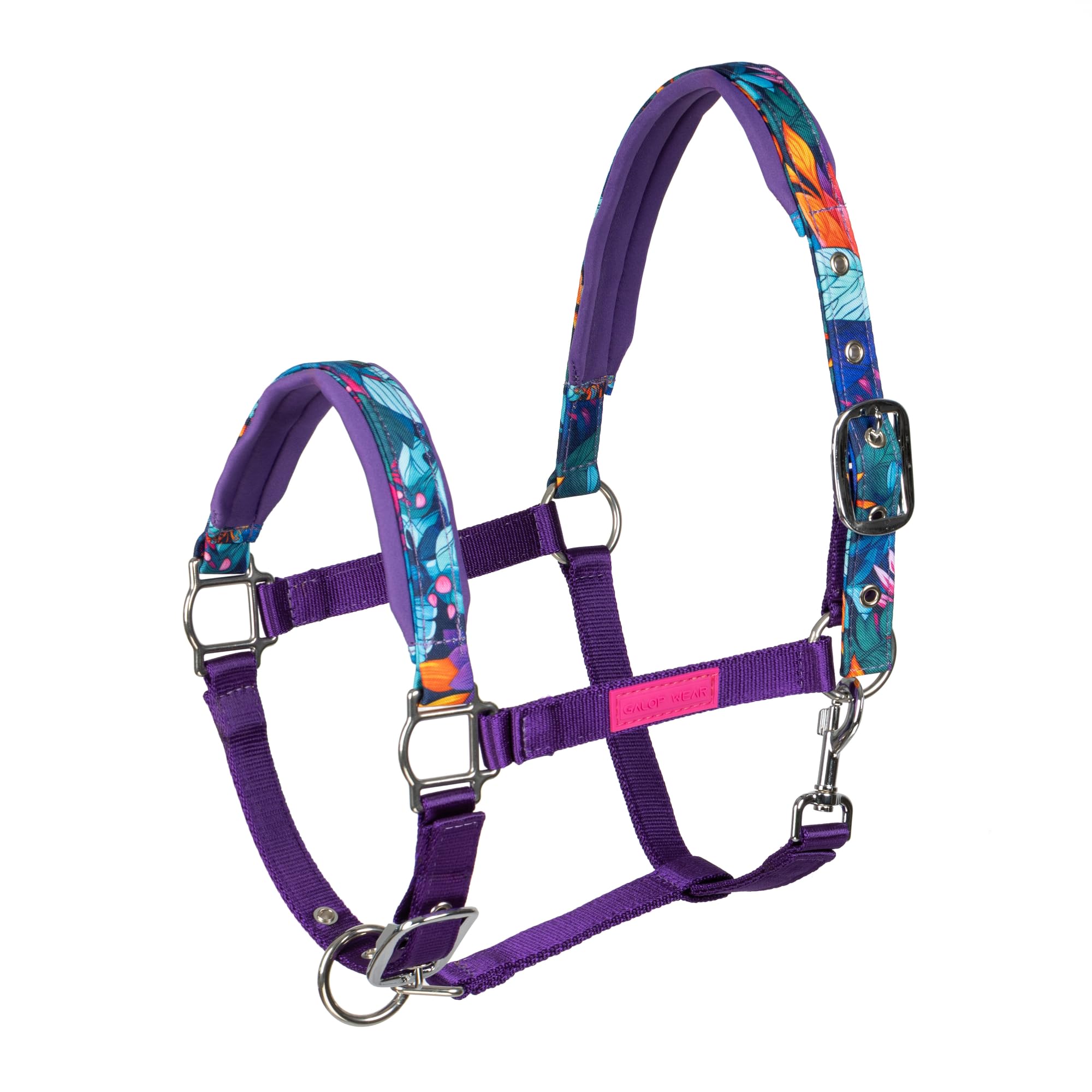 Halfter Power Flower – Farbenfrohes Pferdehalfter mit Blumen-Muster & Neopren-Polsterung – Robustes Stallhalfter für Pferde & Ponys – EU-Qualität – Violett (Full)
