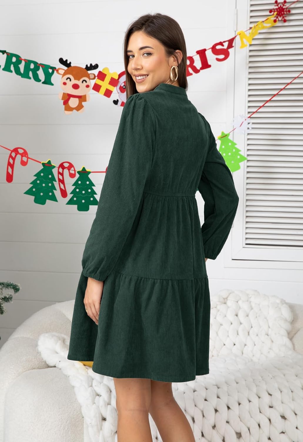 Jayscreate Women's 2025 Long Sleeve Corduroy Dress Above Knee A-Line V Neck Fall Winter Short Work Dress - Image 3