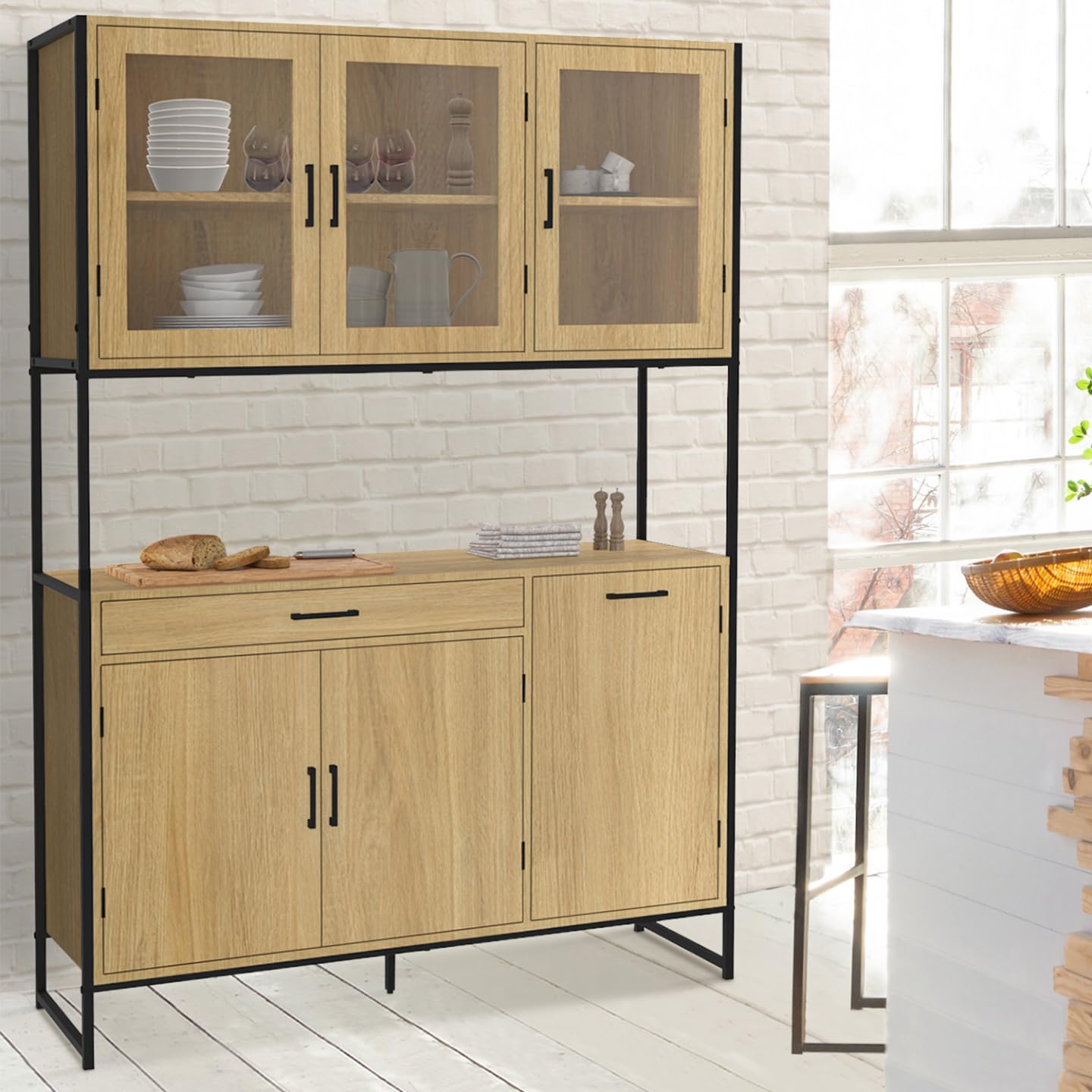 IDMarket - Aparador de cocina esmaltado (120 cm) Detroit mueble vasero 6 puertas diseño industrial + cajón