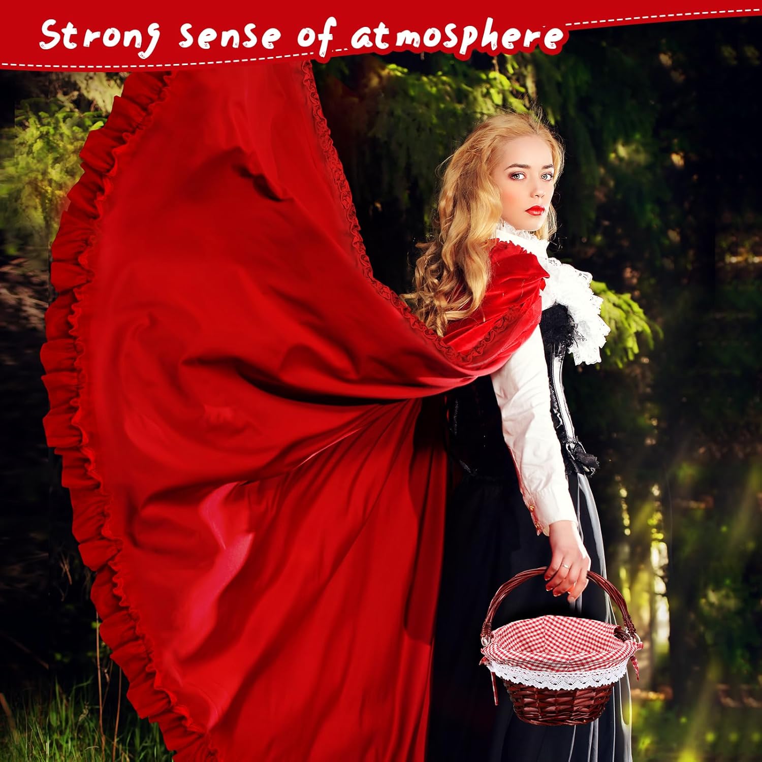 Suhine 1 Pcs Hooded Cloak Long Velvet Cape Red with 1 Picnic Basket for Halloween Women Riding Hood Cape Costume Dress up - Image 5